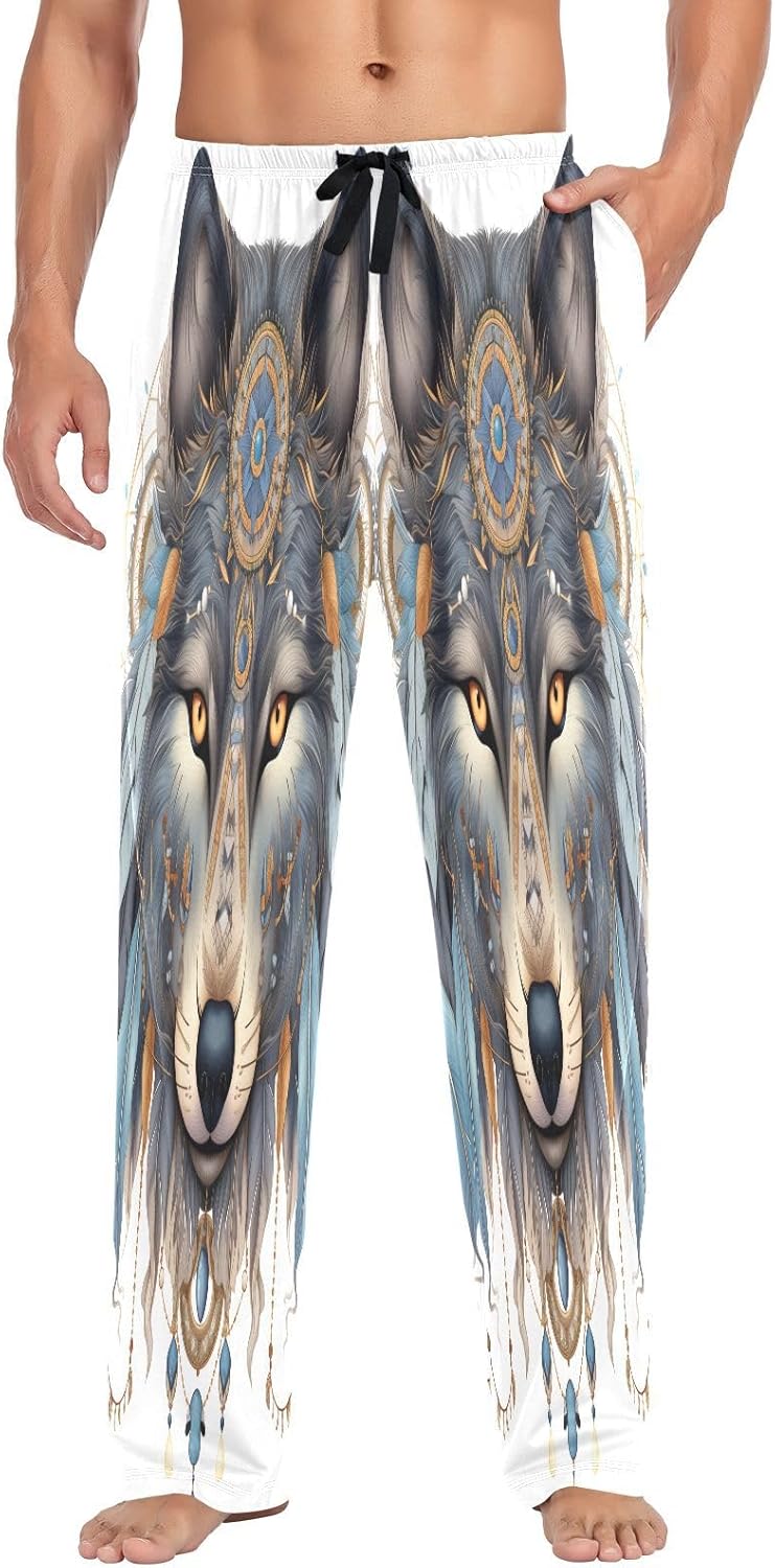 ALAZA Wolf Boho Dreamcatcher Men's Pajama Pants Men Cotton Pajama Bottoms with Pockets, S