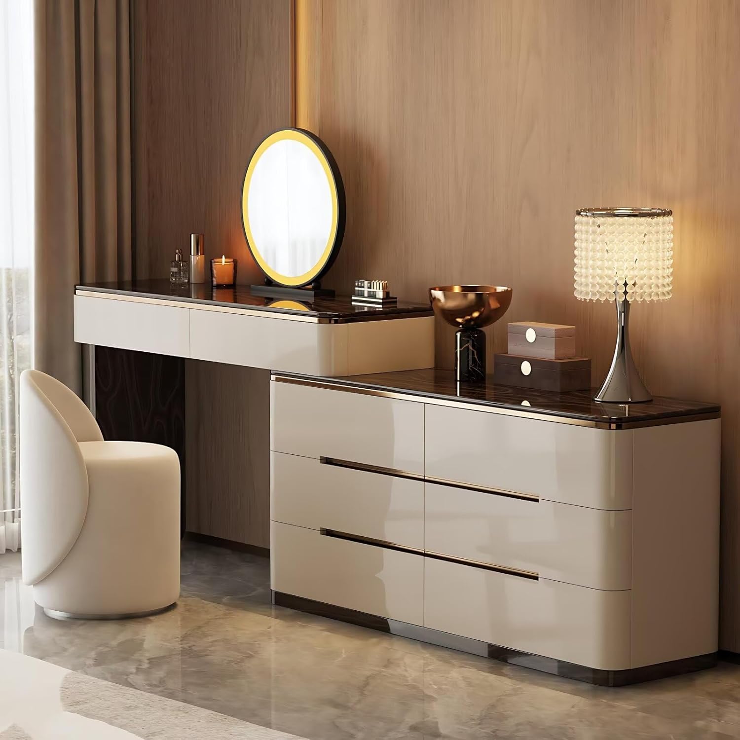 Vanity Desk with Stool and LED Mirror - (Solid Wood) (Baking Paint) Modern Makeup Vanity Dressing Table Include Unique Texture & 8 Drawer for Bedroom,Light Gray,47.24''