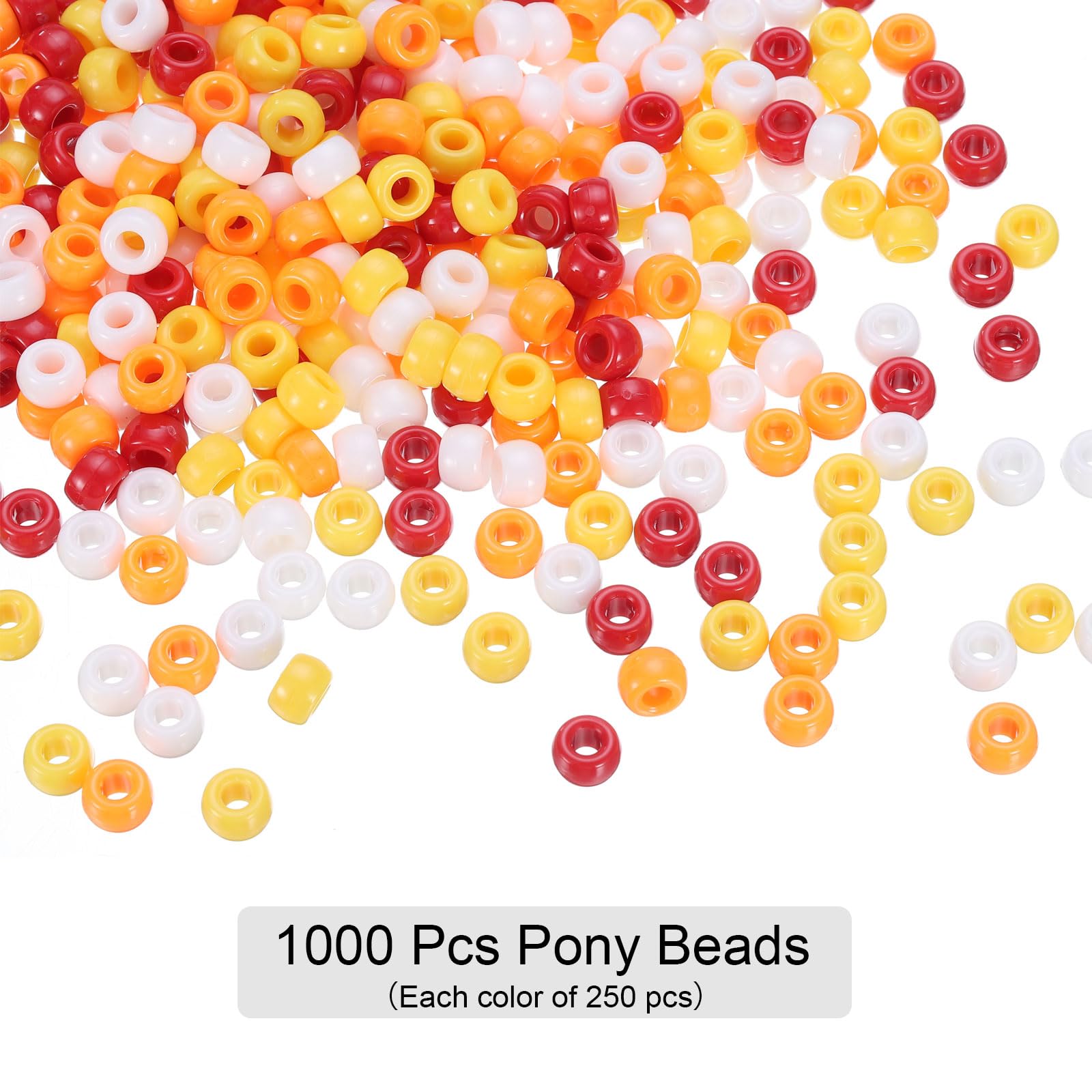 HARFINGTON 1000 cuentas de poni de 6 x 9 mm, 4 colores surtidos, acrílico, cuentas de plástico a granel, rojo, amarillo, naranja, blanco para collares, llaveros, fabricación de joyas