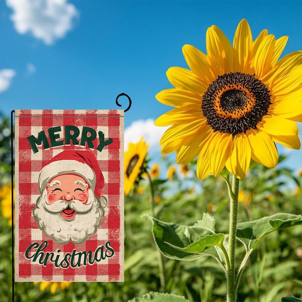 Linen material- Merry Christmas Garden Flag 11.81 x 17.72 inch Vintage Santa Red Plaid Check Design Classic Holiday Theme Outdoor Yard Decoration for Porch Lawn Patio Home Décor - Image 4