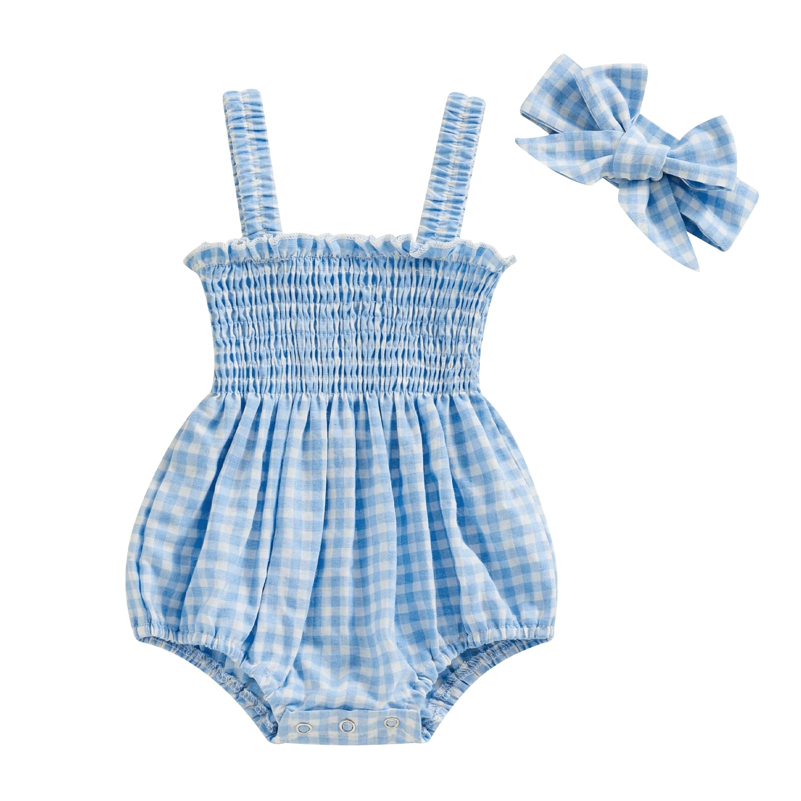 Lamuusaa Newborn Baby Girl Summer Clothes Smocked Sleeveless Romper Cotton Linen Bodysuit Headband Clothes Set 0-18M (Blue, 0-3 Months)