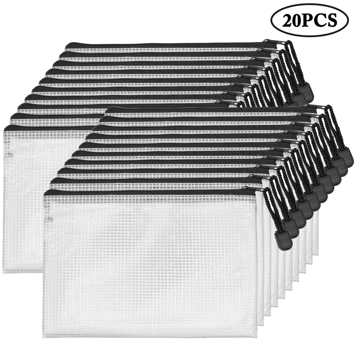 AUSTARK 20 Pcs Zipper File Bags, Plastic Mesh Pouch, Board Game Storage Bag, Waterproof Bags for Office School (A5 Size 9.2''x6.7'', White and Black)