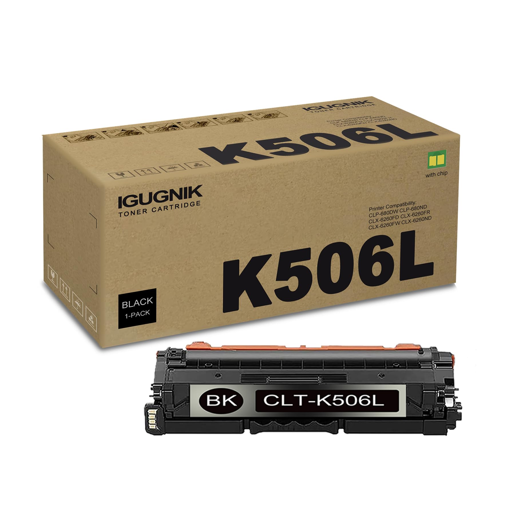 1 Pack CLT-K506L Black Toner Cartridge（with Chip） Replacement for Samsung CLT-K506L Work with CLP-680DW CLP-680ND CLX-6260FD CLX-6260FR CLX-6260FW CLX