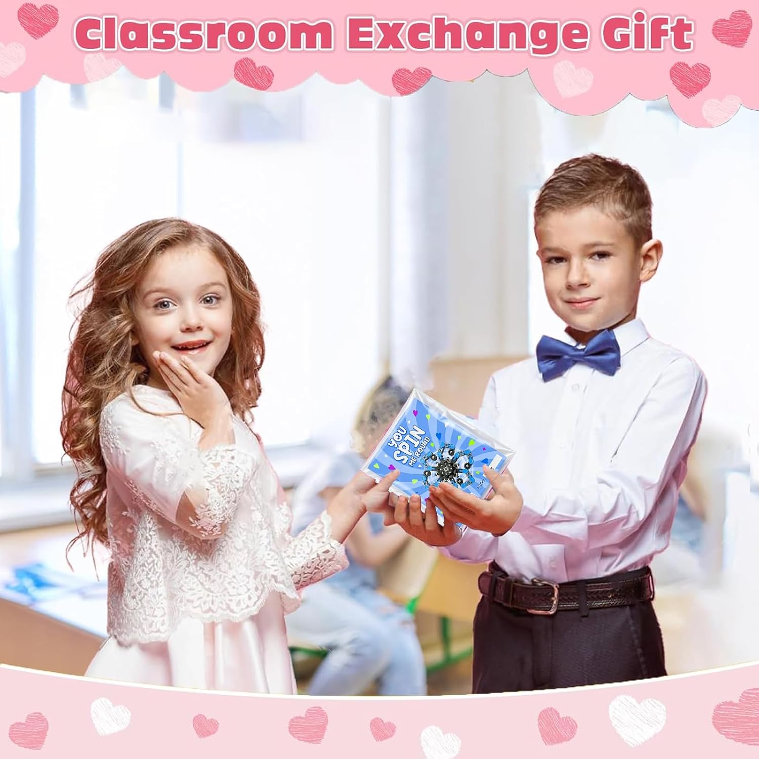 24 Set Valentines Day Cards for Kids Classroom,Fingertip Spinner Sensory Toys with Cards,Transformable Chain Robot Fidgets Spinners Toy,Valentines Party Favors Classroom Exchange,School Games Prize