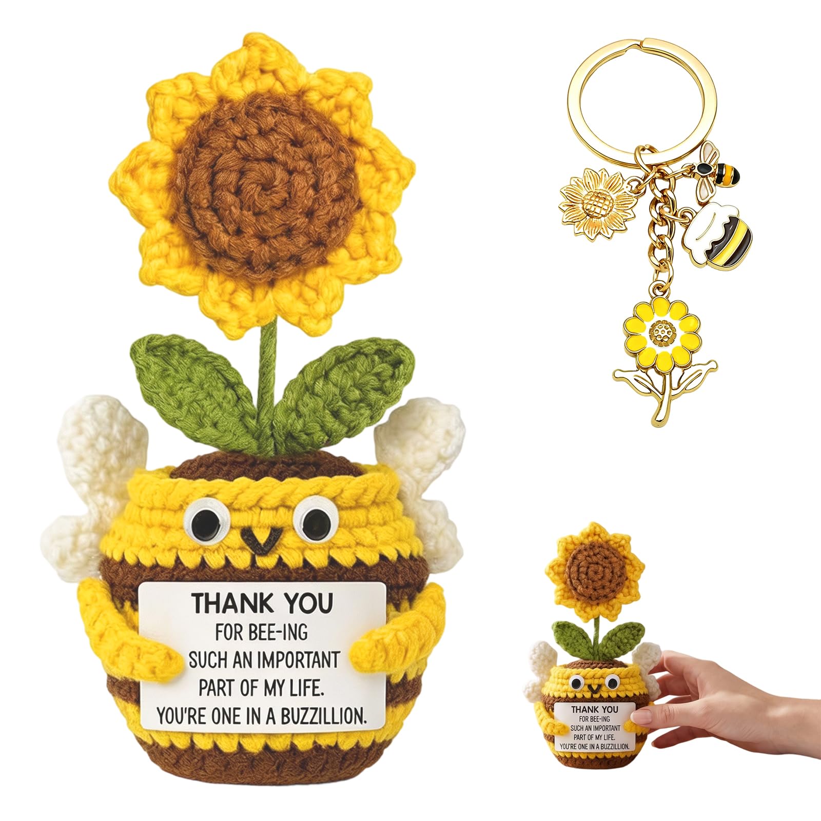Koilife Positive Crochet Sunflower Doll with Bee Keyring,Handmade Knitted