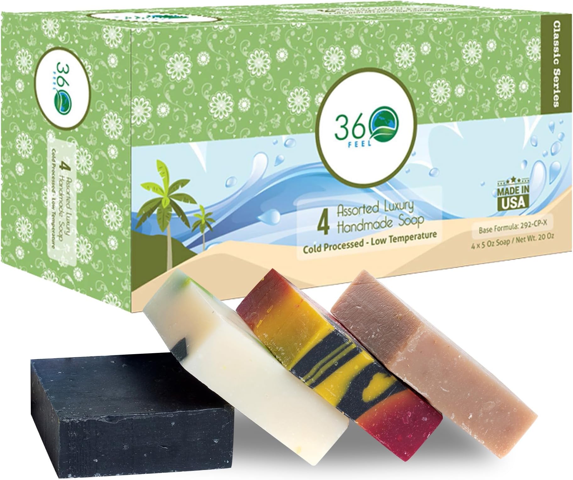 360 Feel Assorted Bar Soap Set - Made in the USA - Castile Handmade All Natural Cold Processed - Includes 4 Assorted Scents - Earthy, Floral, Fruity, & Sweet Fragrances - (5oz, 4-Pack)