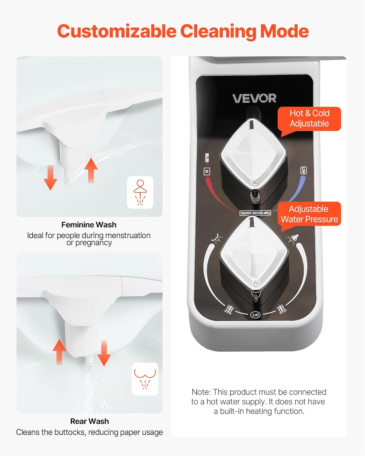 VEVOR Bidet Attachment for Toilet, Hot & Cold Non-Electric Water Sprayer - Dual Retractable Nozzles, Adjustable Water Pressure, 0.3’’ Ultra Thin Bidet Toilet Seat Attachment for Rear and Feminine Wash Dual Temp Optional
