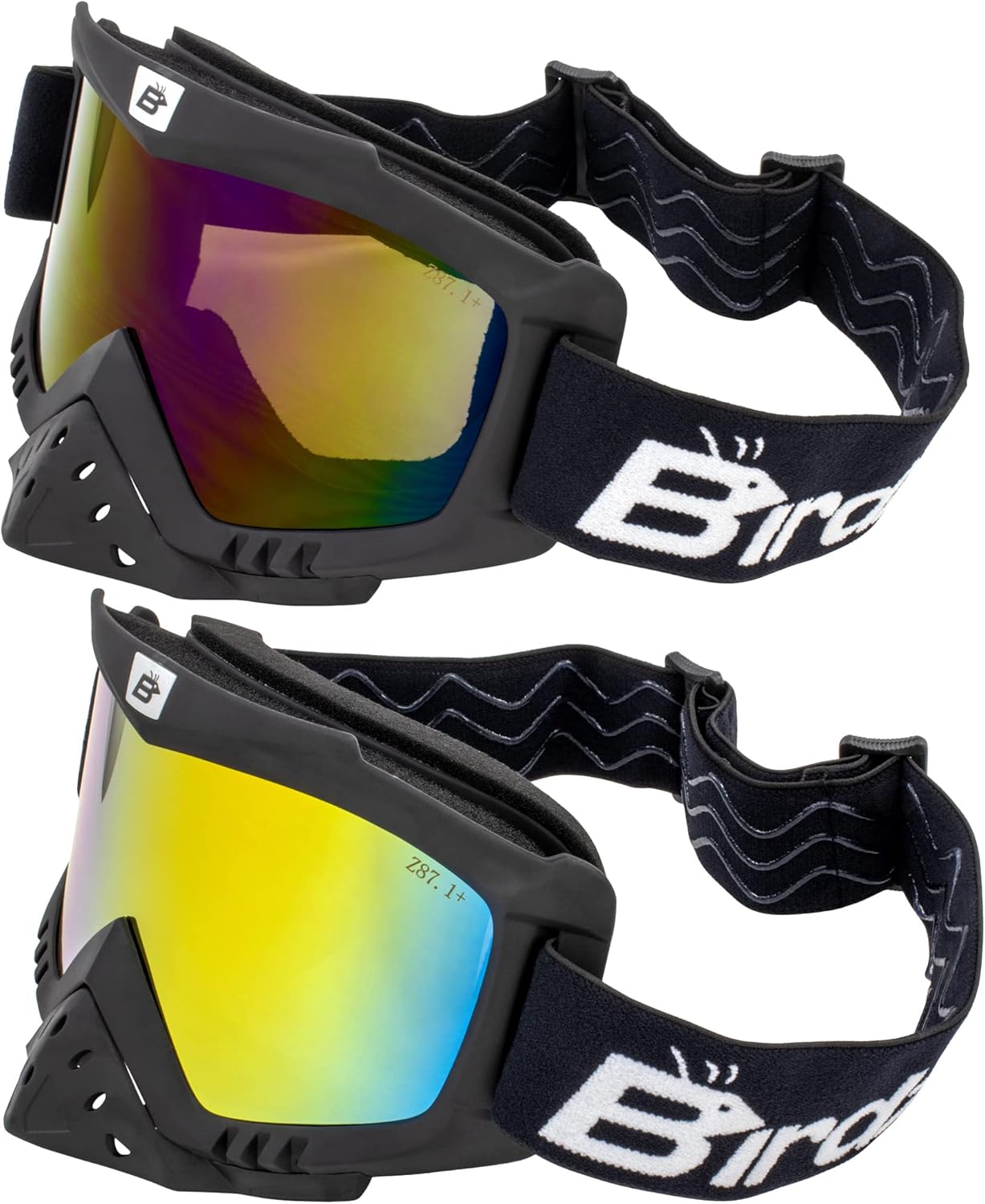 Birdz Eyewear Toucan Motorcycle ATV Padded Goggles Detachable Nose Guard Red & Blue Mirror Lenses