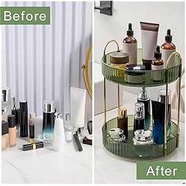 INVSSENE 360 Rotating Makeup Organizer, Bathroom Make Up Spinning Holder Rack, Large Capacity Cosmetics Storage Vanity Shelf Countertop, Fits Cosmetics, Perfume, Skincare, Lipsticks(2 Tiers, Green)