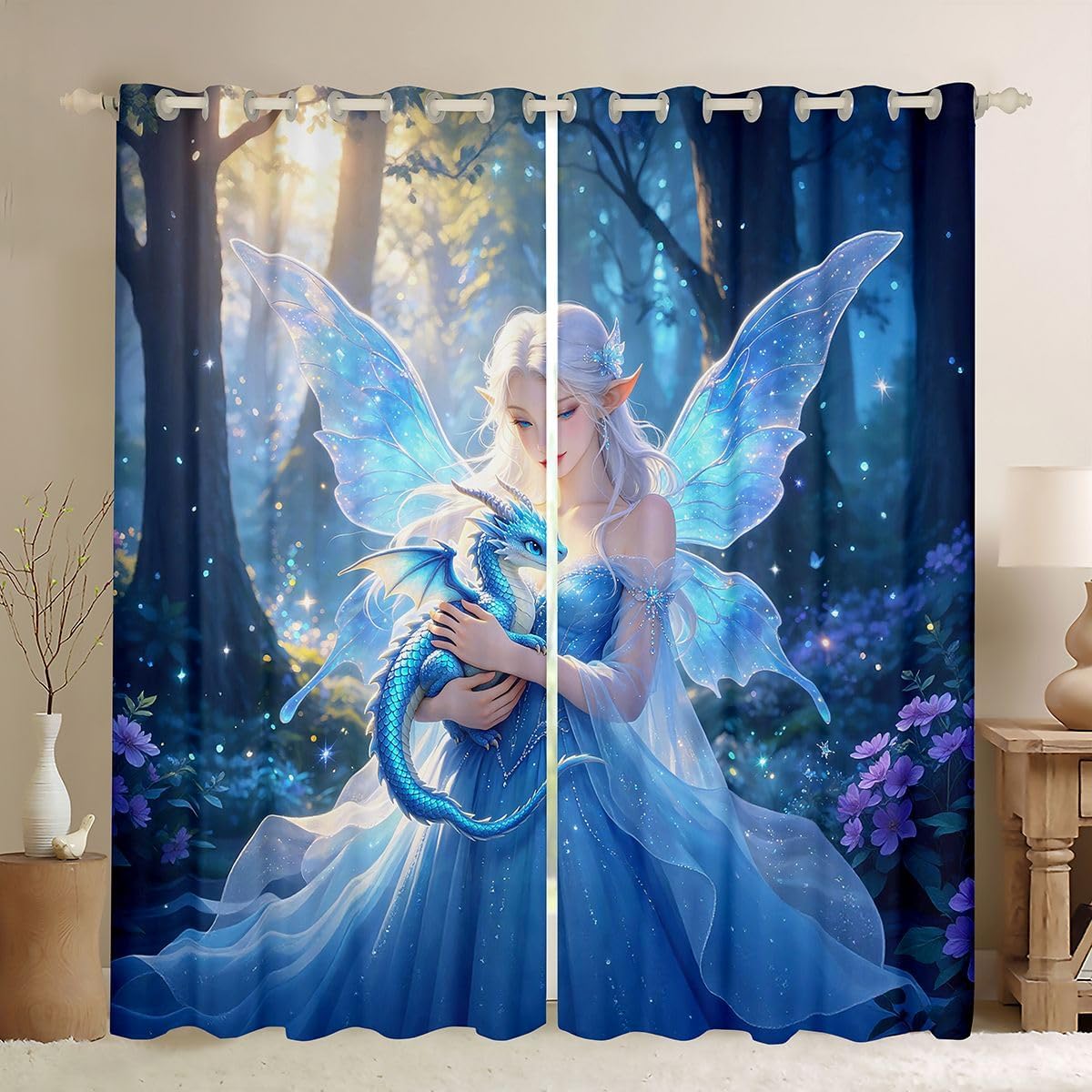 Castle Fairy Fantasy Fairy Blue Dragon Blackout Curtains Magical Themed Window Drapes Kids Teens Girly Star Animal Window Treatments Grommet Top 2 Panel Set Curtains,42Wx84L Inch Blue Cyan