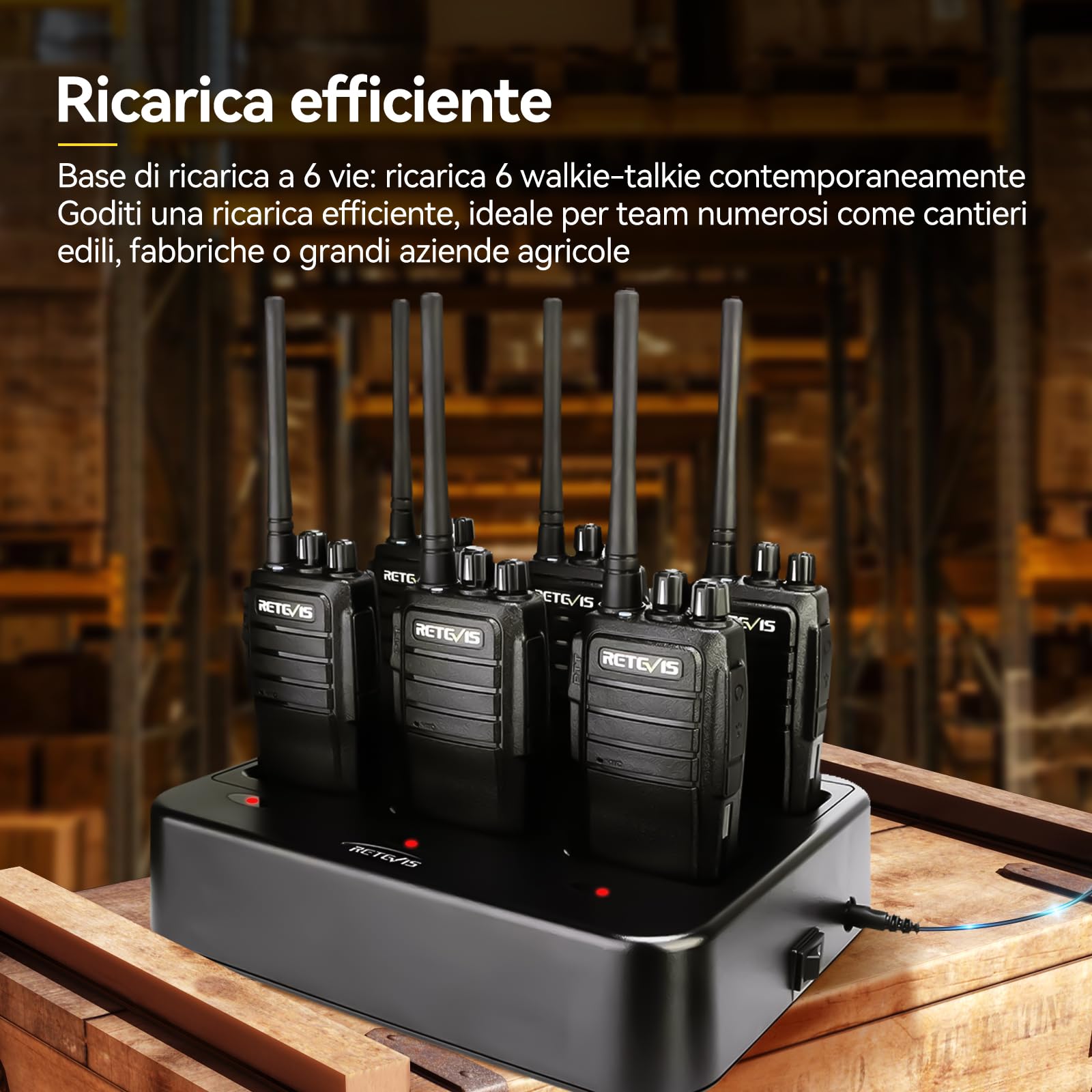 Retevis RT21 Walkie Talkie Lungo Raggio, Professionale Ricetrasmittenti con Base Ricarica a 6 Slot, Suono Chiaro, Robusto Licenza-Libero PMR446 Radio per Edilizia, Sicurezza, Negozi (Nero, 6 Pezzi)