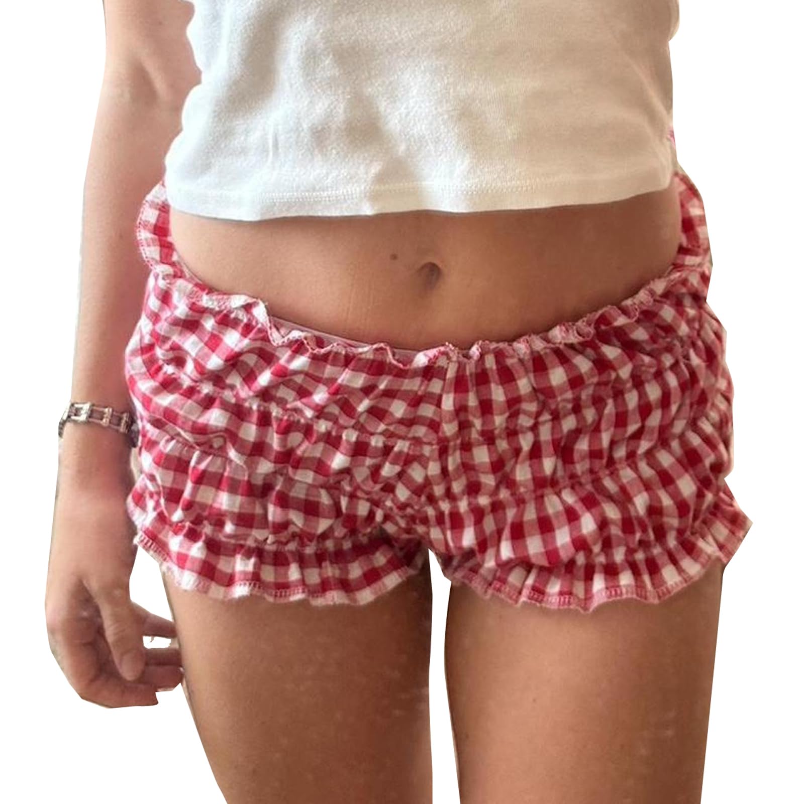 JINZIYINZI Womens Frilly Ruffle Micro Lolita Bloomers Shorts Y2k Low Rise Gingham Plaid Coquette Boxer Shorts Streetwear