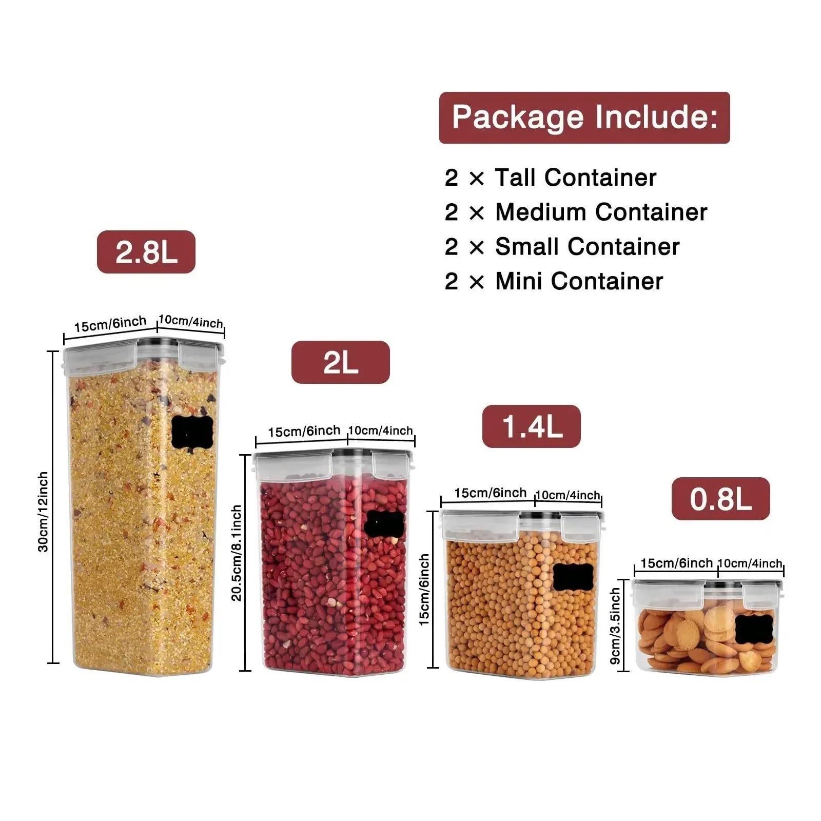 5-częściowy zestaw pojemników do przechowywania żywności z pokrywkami, hermetyczne pojemniki na makaron, lodówka, 2,8 l, zamknięte puszki dla świeżości, idealne do spiżarni