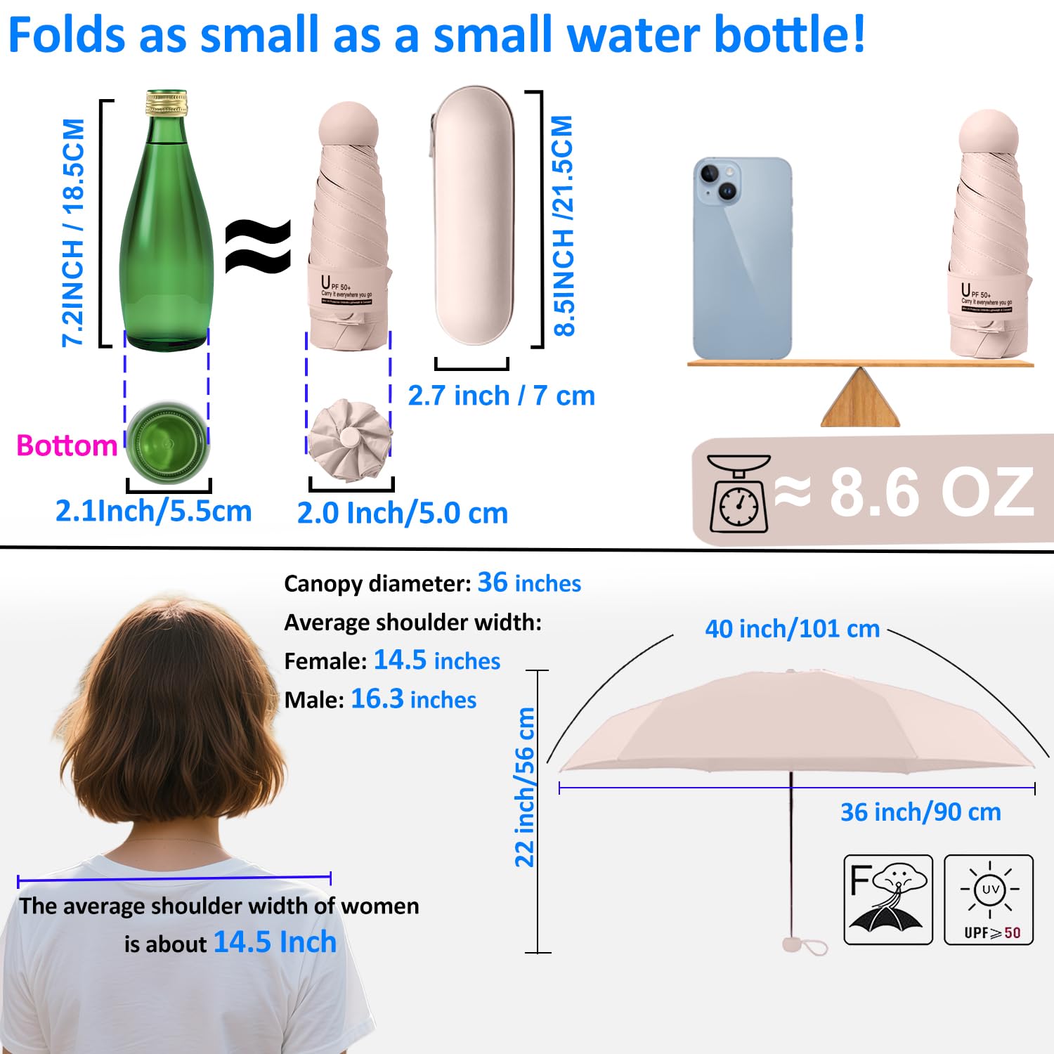 BAODINI Ombrello mini per borsa con custodia, protezione solare UV, leggero, piccola tasca, apertura manuale