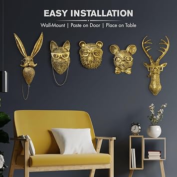 montresor 5 Pack Animals Head Wall Art Sculptures 16 inchs Gold Office Vintage 3D Wall Decor Art for Whimsigoth Home Wall Decor Lightweight Material Accent Wall Hanging Room Decor Maximalist Decor