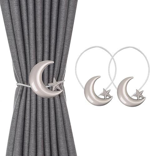 Miniatura 2 de Alzapaños de cortina, paquete de 2 alzapaños magnéticos para cortinas, estrella y luna, sujetadores de cortina magnéticos para cortinas, clips de
