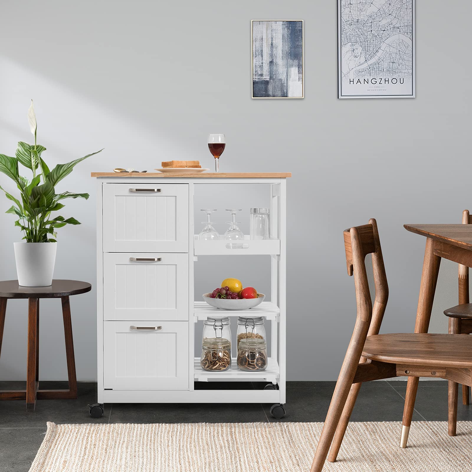 RELAX4LIFE Carrello da Cucina con Ruote Girevoli, Credenza Portaoggetti in Legno Robusto con 3 Cassetti e 3 Ripiani, Carrello di Servizio Pratico e Salvaspazio per Sala da Pranzo (Bianco)