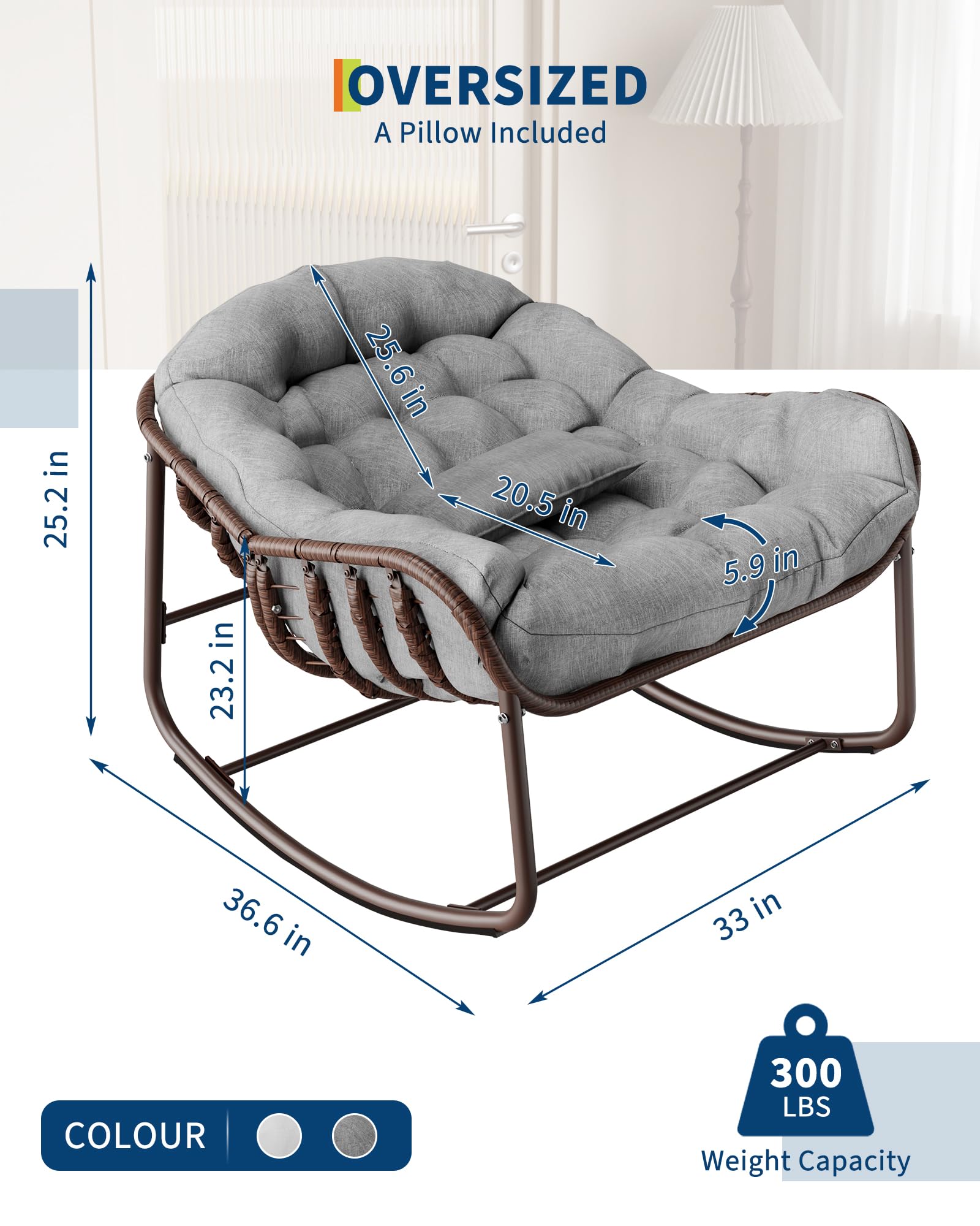 Überdimensionierter Ei-Schaukelstuhl Aus Wetterfestem PE-Rattan Mit Dick Gepolsterten Kissen, Bis 160 kg Belastbar, Indoor & Outdoor Geeignet Für Garten, Terrasse, Balkon Und Wohnzimmer, Pflegeleicht