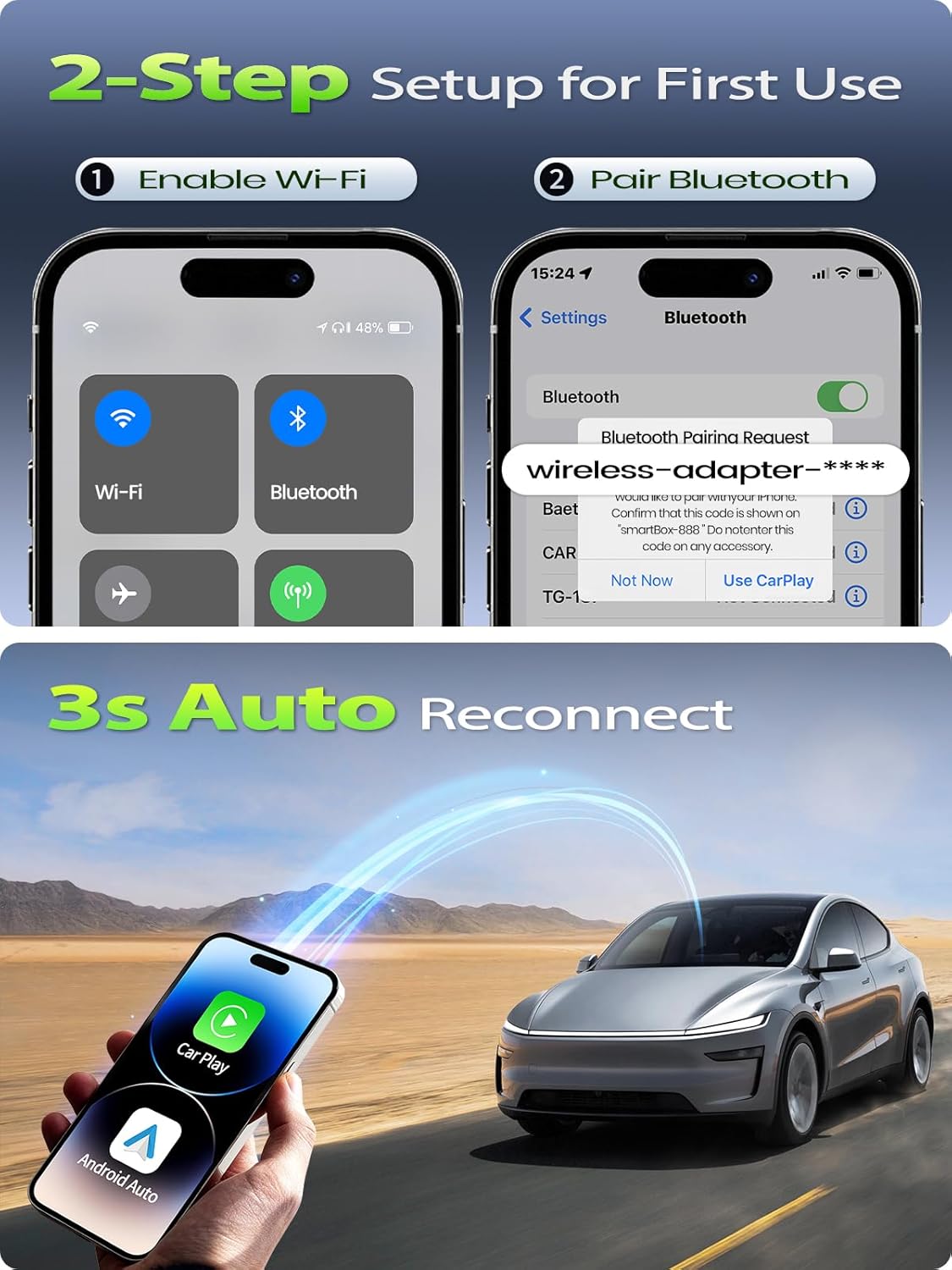 Mini Wireless CarPlay & Android Auto Adapter for iPhone & Android Phone (2026 Upgrade), No Lag, Fast Stable Connection, Converts Wired to Wireless CarPlay Dongle for 2016+ Cars, USB-A&C Port Black