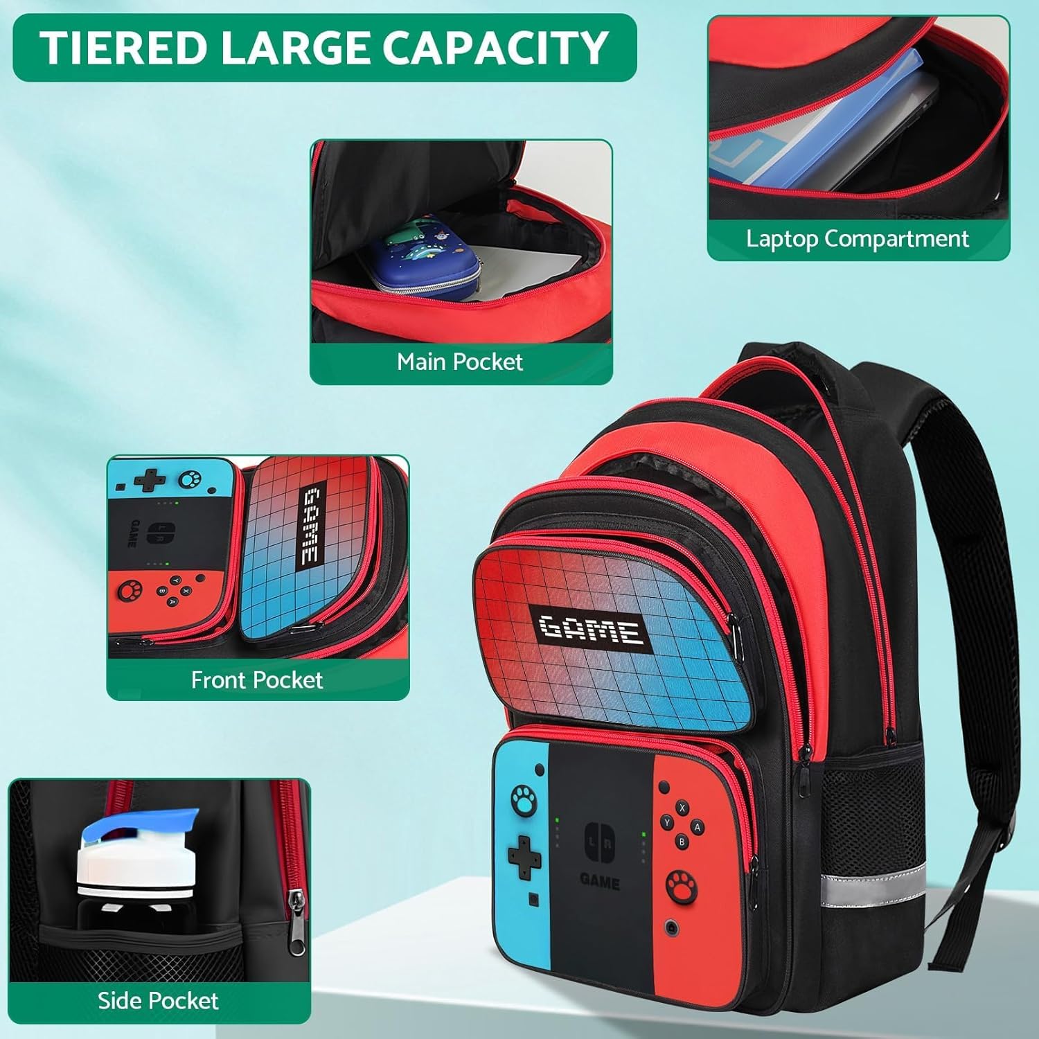 Kids Backpack For Boys，Gamer Boys Backpack For Children Teens Elementary Middle School, 17″ Students Bookbag - Image 5