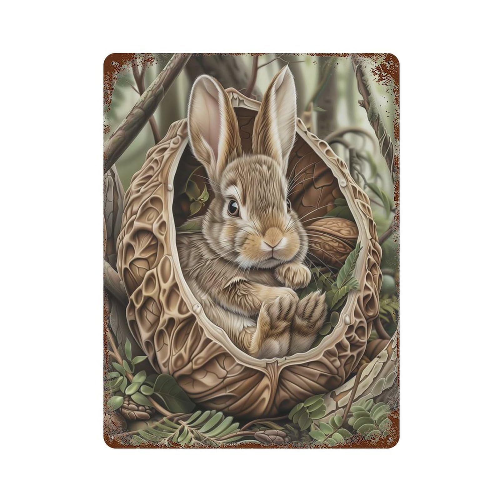 Rabbit in A Walnut Shell Rust Effect Tin Sign 15.7"x11.8", Farmhouse Wall Decor for Farmhouse, Kitchen And Entryway Decor