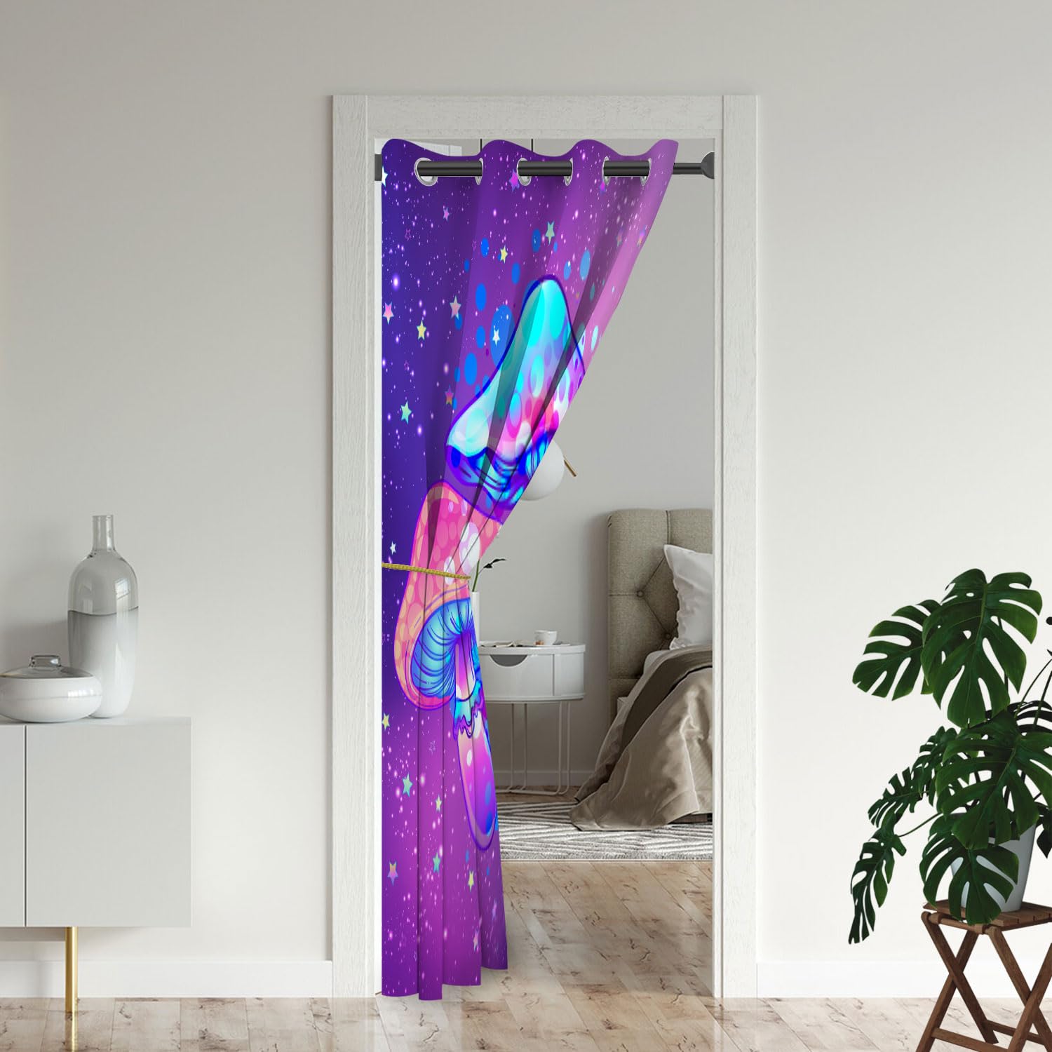 Mushrooms Door Curtains for Doorways, Psychedelic Fantasy Magic Colorful Trippy Blackout Curtain for Kids Bedroom Closet, Grommet Thermal Insulated Privacy Door Drapes for Room Divider, 59