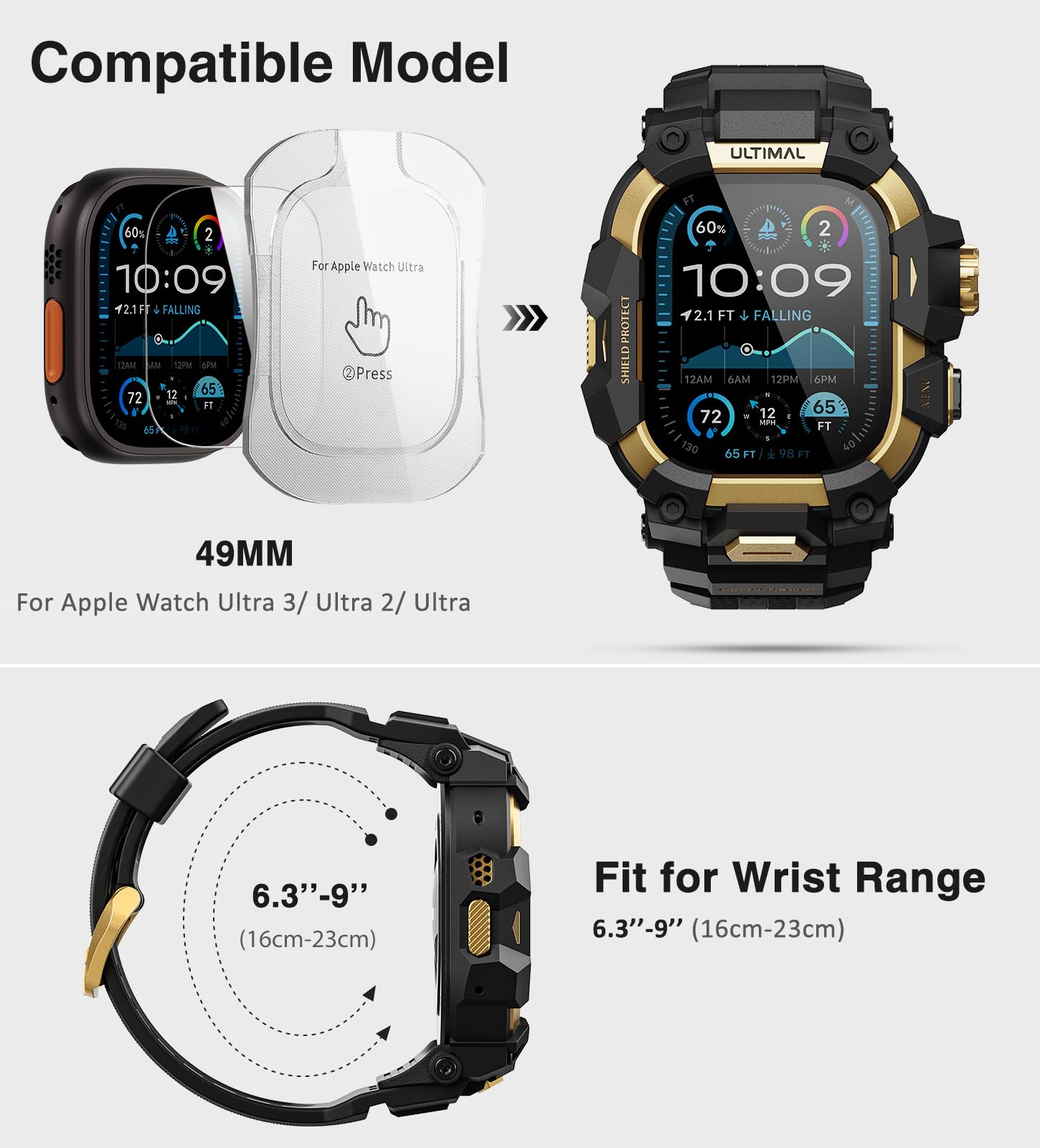 ULTIMAL Gehäuse mit Armband und Panzerfolie für Apple Watch 49mm, 3 in 1 Sportarmband Kompatibel mit Apple Watch Ultra/Ultra 2/Ultra 3, Militärisch zertifiziertes stoßfestes Schutzcover für iWatch