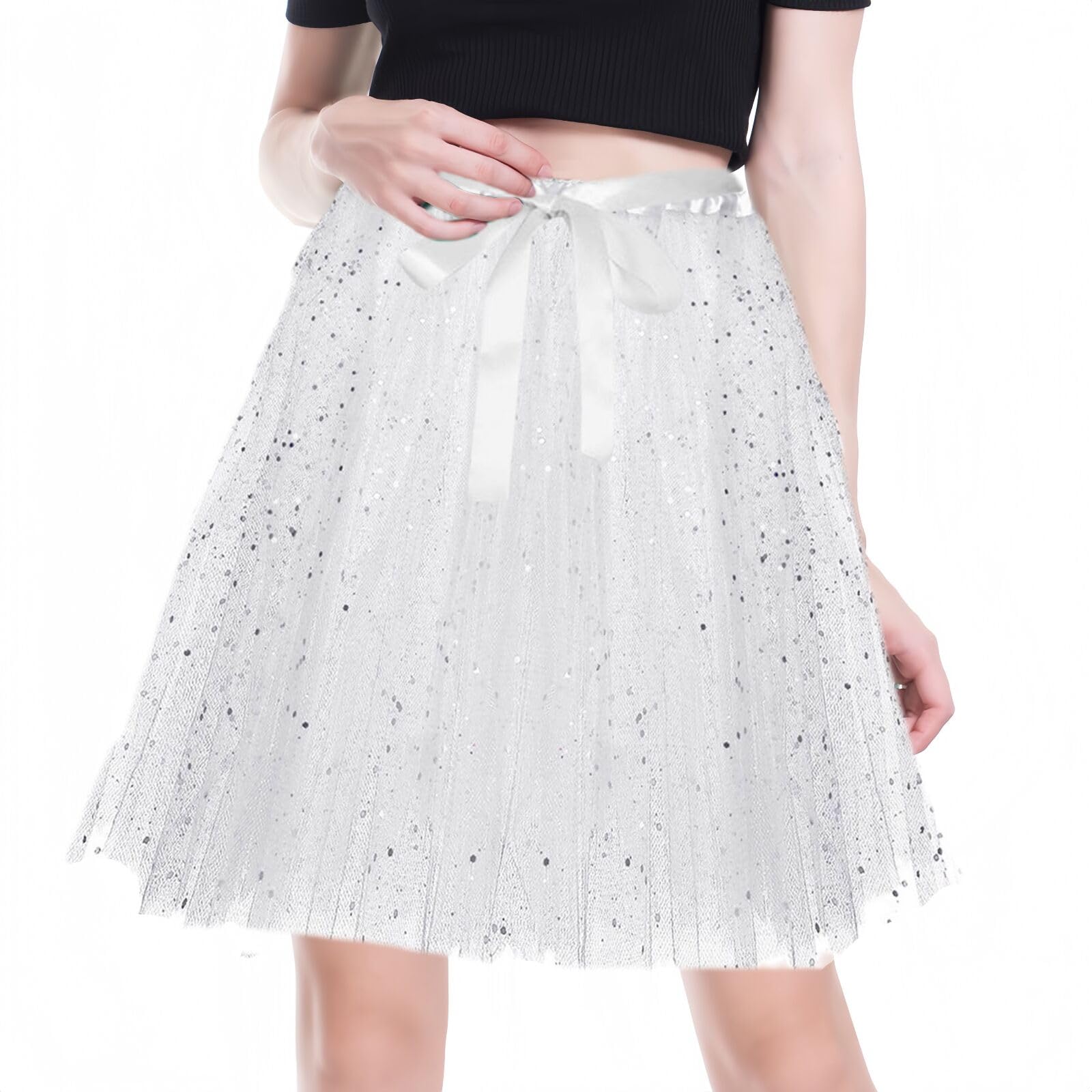 TouKingda Women Tutu Skirts Sparkle Sequin Skirt Layered Tulle Tutu Ballet Dancing Skirts for Teen Adult Party Show Costume, White