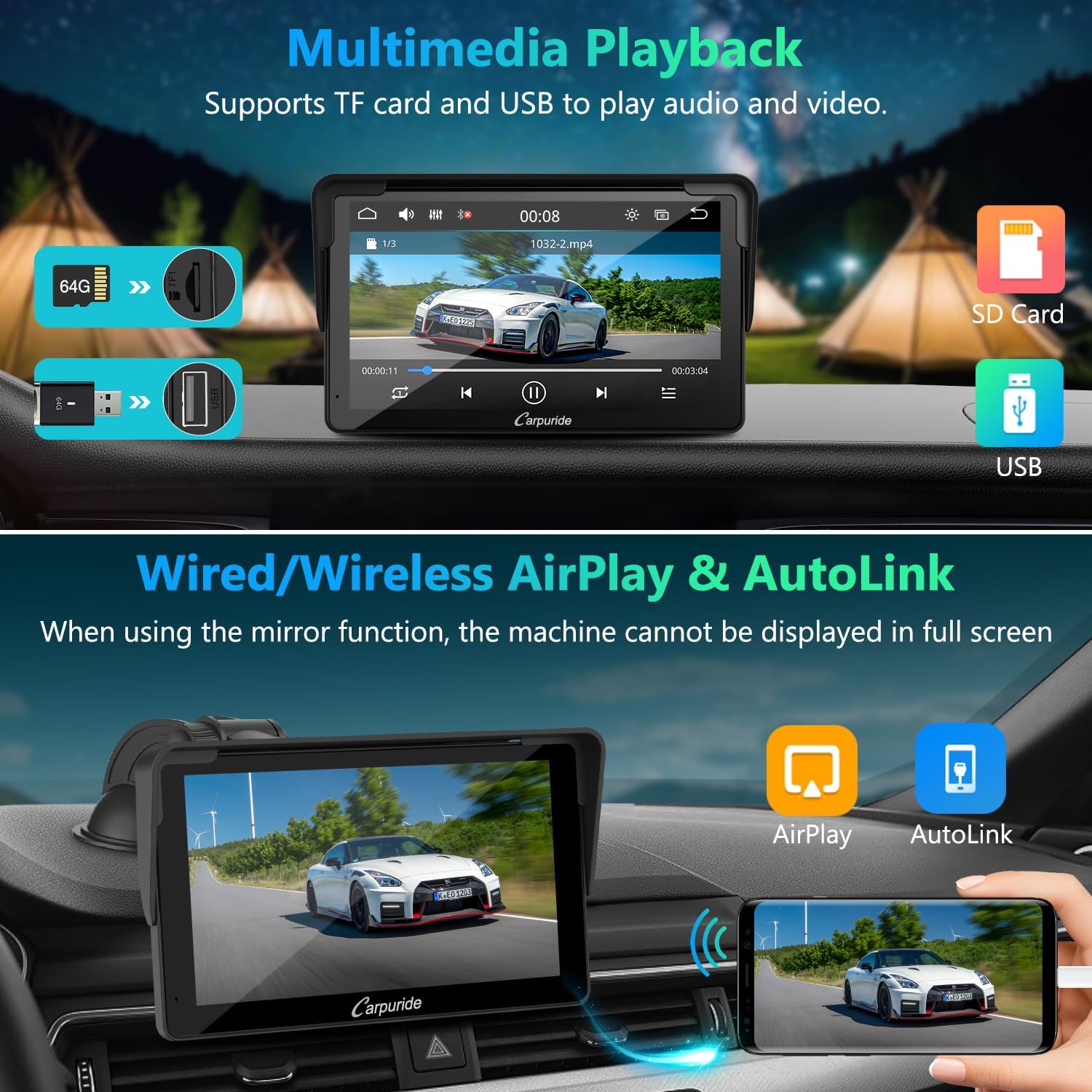 Carpuride display supporting multimedia playback via USB and SD card, and wired/wireless AirPlay & AutoLink mirror casting