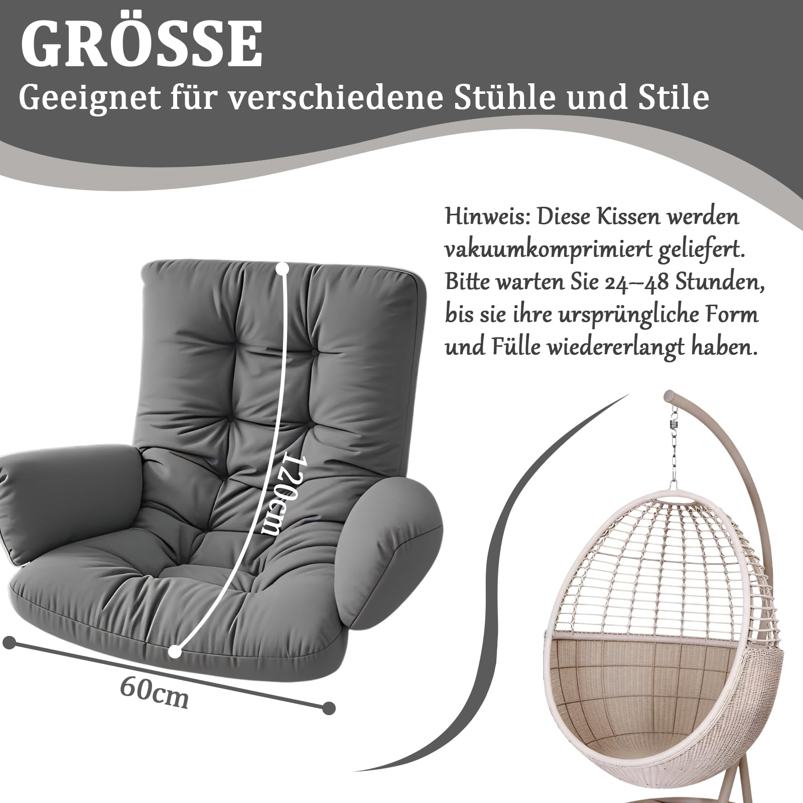 Hängesessel Kissen, 10cm Dicke Hängestuhl Sitzauflage, Garten Polster, Auflage für Hängeschaukel, Hängekorb Sitzkissen, Wasserdicht Schaukelstuhl Sitzkissen (Dunkelgrau)