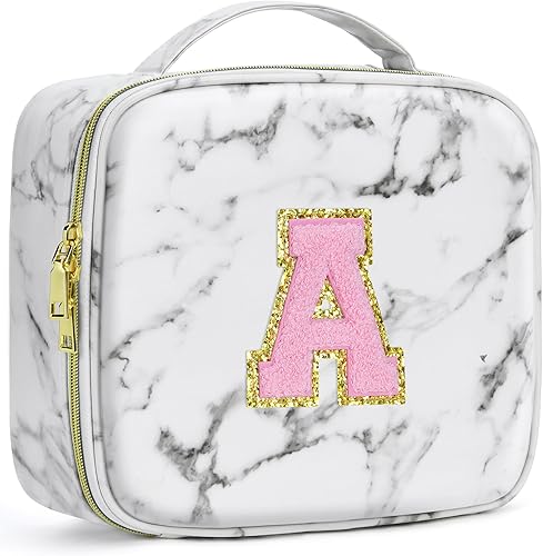 Miniatura 1 de BAGNN Estuche de tren de maquillaje de viaje con inicial, lujoso estuche de almacenamiento de artículos de tocador de mármol, regalo para, A