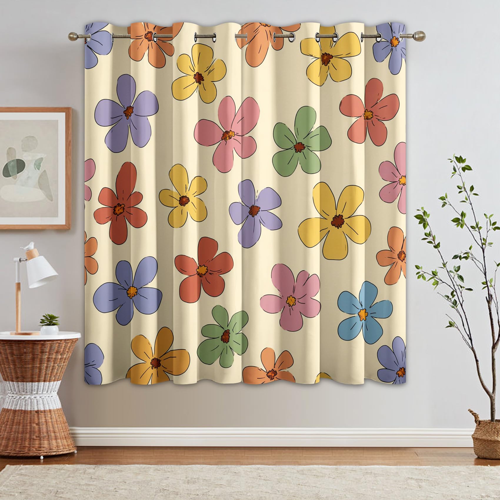 Gänseblümchen Vorhänge Mit ösen Blickdicht, Niedlich Retro 70er Jahre Bunt Blumen Vorhang Schlafzimmer Wohnzimmer Küche 140 x 245 cm Lang, Übergardinen Innen Verdunklungsvorhänge