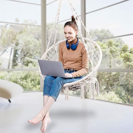 Greenstell Hammock Chair Macrame Swing with Cushion and Hanging Hardware Kits, Max 290 lbs Hanging Cotton Rope Swing Chair, Comfortable Hanging Chairs