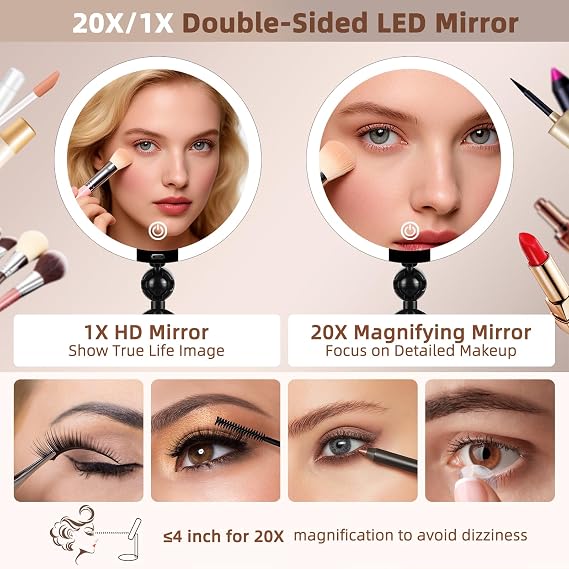 20X/1X Makeup Magnifying Mirror with Lights, 6inch Double-Sided 1X/20X Makeup Magnified Mirror Desktop LED 20X Magnification 3 Color Dimmable Light, Rechargeable Battery, 360 Rotation Folding Bracket