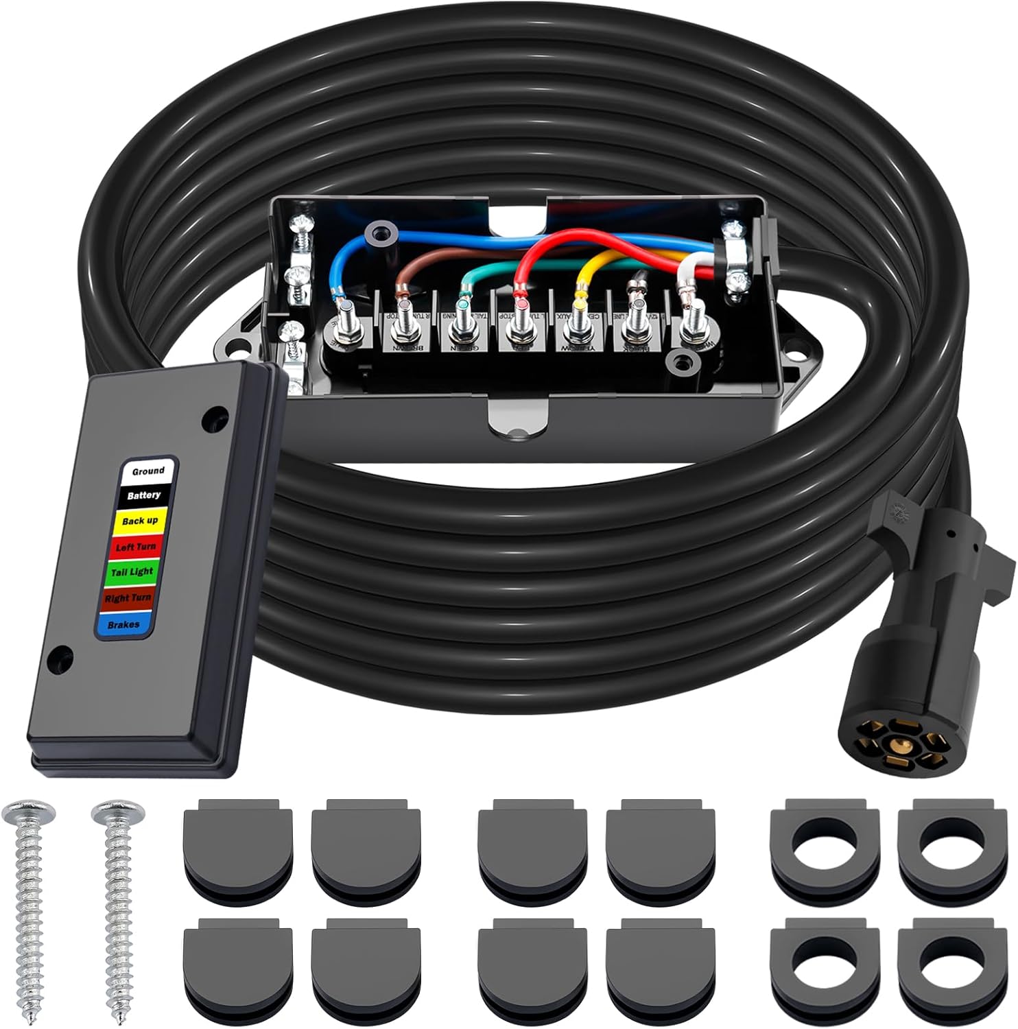 CheeMuii 15 FT Trailer Wiring Harness Kit Heavy Duty 7 Way Trailer Cord with 7 Pin Trailer Plug and Junction Box Kit Premium Light and Brake Wiring Wires for Trailer RV