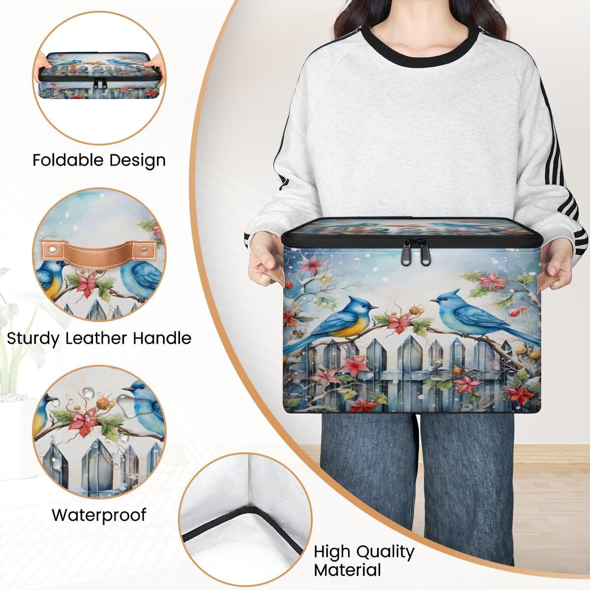 Storage Bin Set of 2 Christmas Birds Storage Basket with Zipper Lid & Handle Foldable Closet Shelf 2 Pack Cloth Organizer Basket Cube Bins Clothes Organizer for Bedroom, Nursery