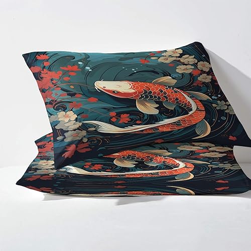 Miniatura 3 de Koi Fish Sábanas tamaño Queen, sábanas florales, sábanas y fundas de almohada estampadas de 4 piezas, sábana bajera ajustable de microfibra suave