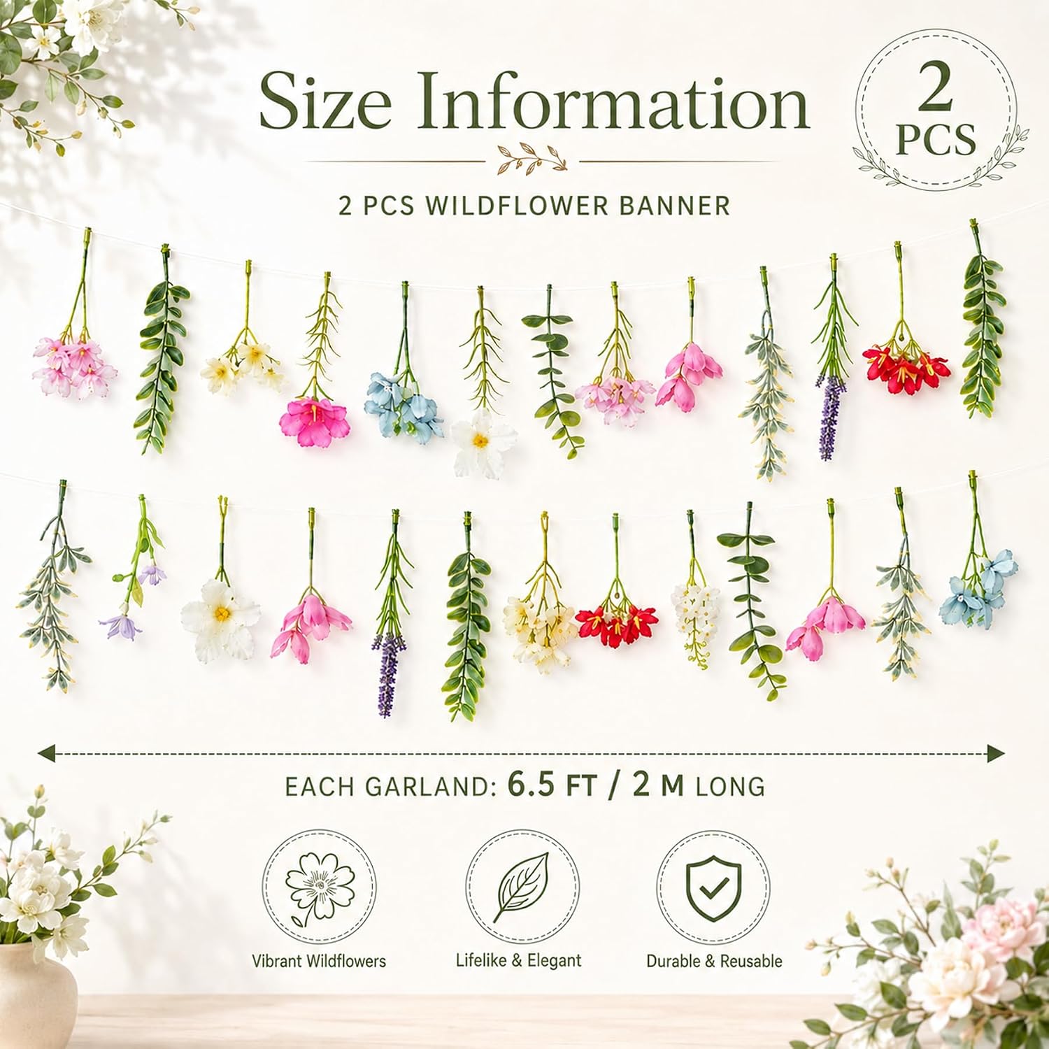 2 PCS 6.5ft Wildflower Banner Artificial Garland Hanging Floral for Garden Birthday Wedding Tea Party Bridal Shower Home Spring Supplies(Clear)
