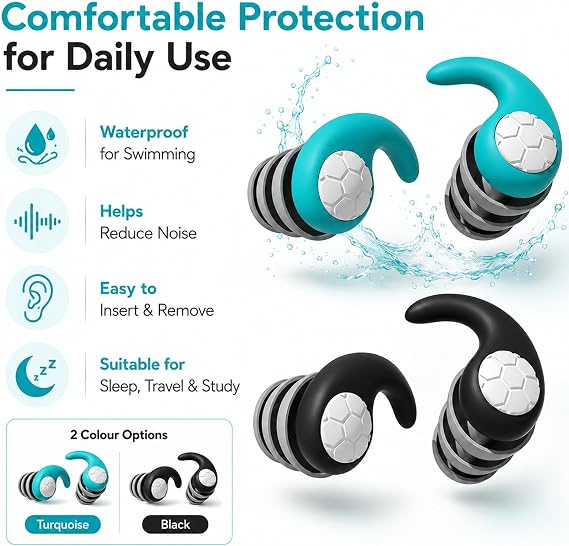 Waterproof Ear Plugs for Adults, 2 Pairs Reusable Silicone Swim Earplugs