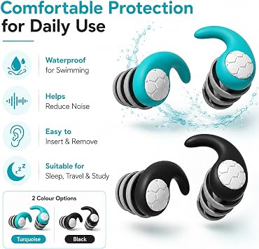 Waterproof Ear Plugs for Adults, 2 Pairs Reusable Silicone Swim Earplugs