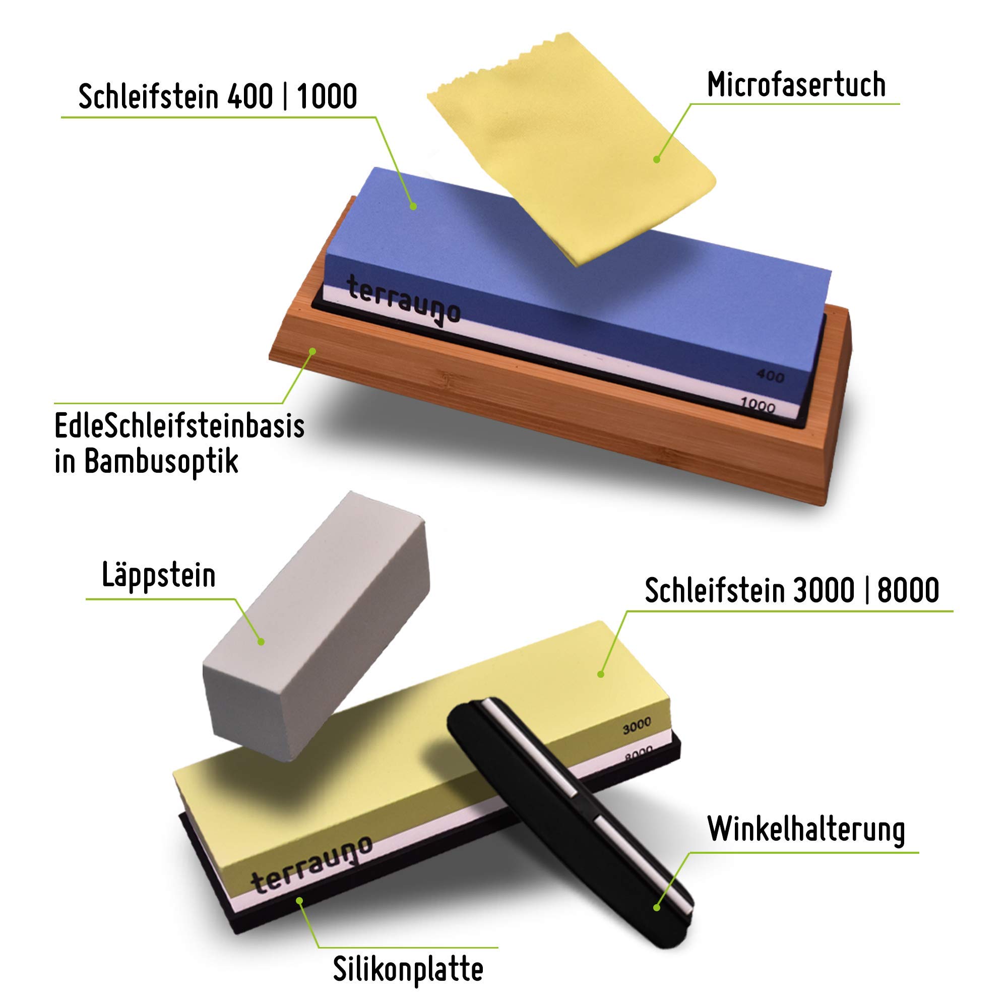 TerraUno Schleifstein 4 in 1 Set Körnung: 400/1000 & 3000/8000 – Wetzsteine zum Schärfen und Schleifen von Messern – Abziehstein inklusive Zubehör zum Schärfen von Messern