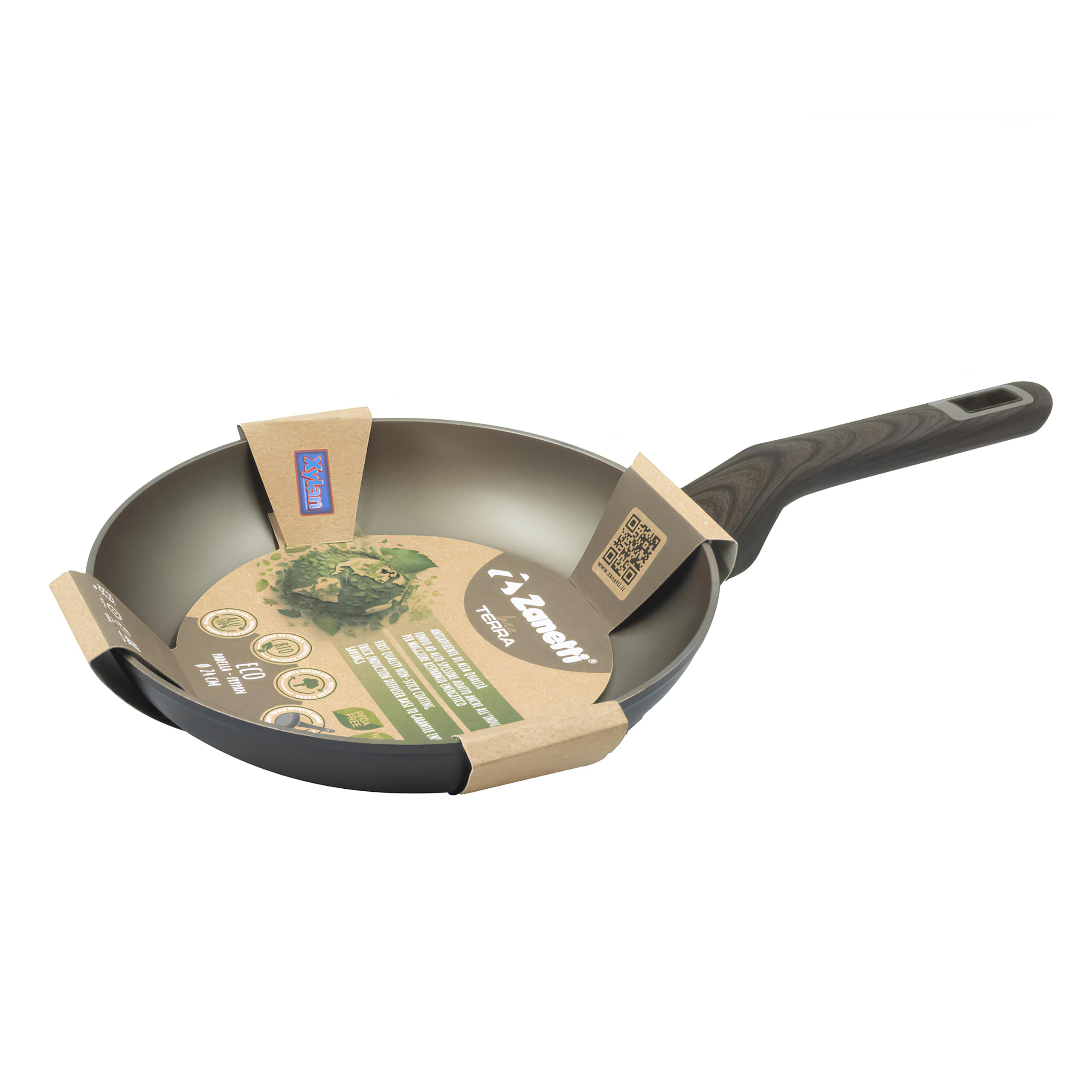 zanetti, Terra braadpan met hoge dikte, aluminium pan met antiaanbaklaag met deksel en 2 soft-touch handgrepen in houtlook, geschikt voor alle warmtebronnen, inclusief inductie, diameter 20 cm