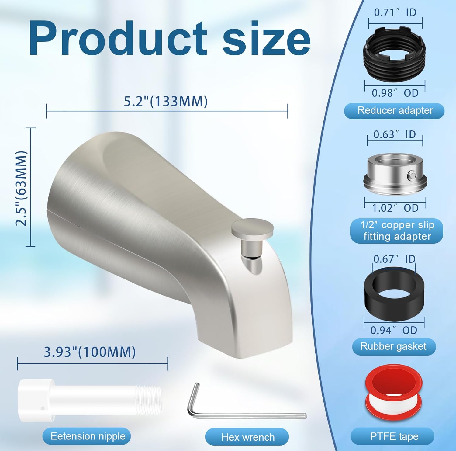 Universal Tub Spout for 1/2" Copper Pipe, 1/2" IPS and 3/4" IPS, Bathtub Faucet with Diverter and Adapter and Hex Wrench (Brushed Nickel)