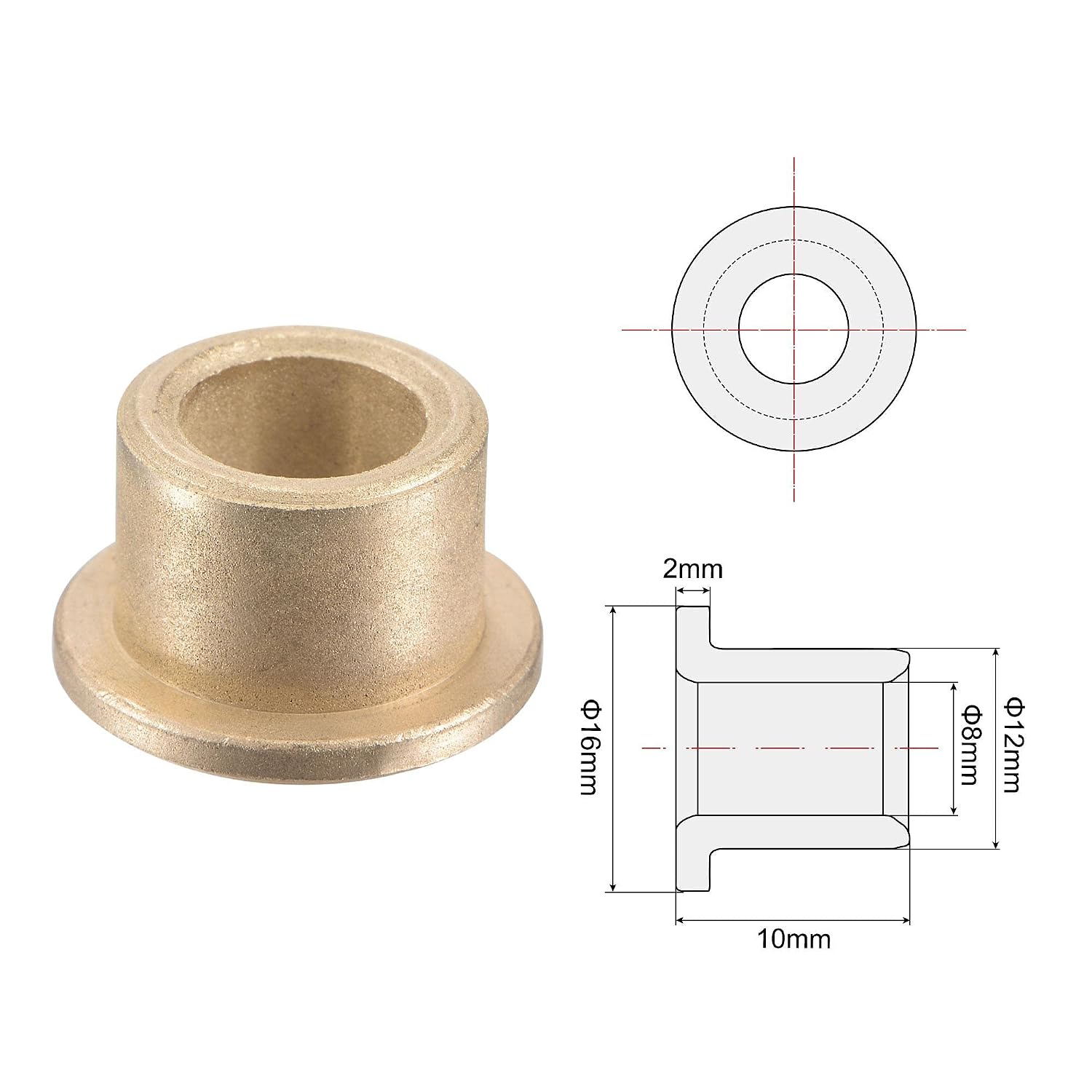 uxcell Flange Sleeve Bearings 8mm Bore 12mm OD 10mm Length 16mm Flange Dia 2mm Flange Thickness Sintered Bronze Self-Lubricating Bushing 2pcs