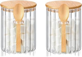 2 Pack Glass Sugar Container with Bamboo Lid and Spoon, 473ml (16 oz), Clear Ribbed Design, Airtight Food Storage Jar for Coffee, Tea, Spices