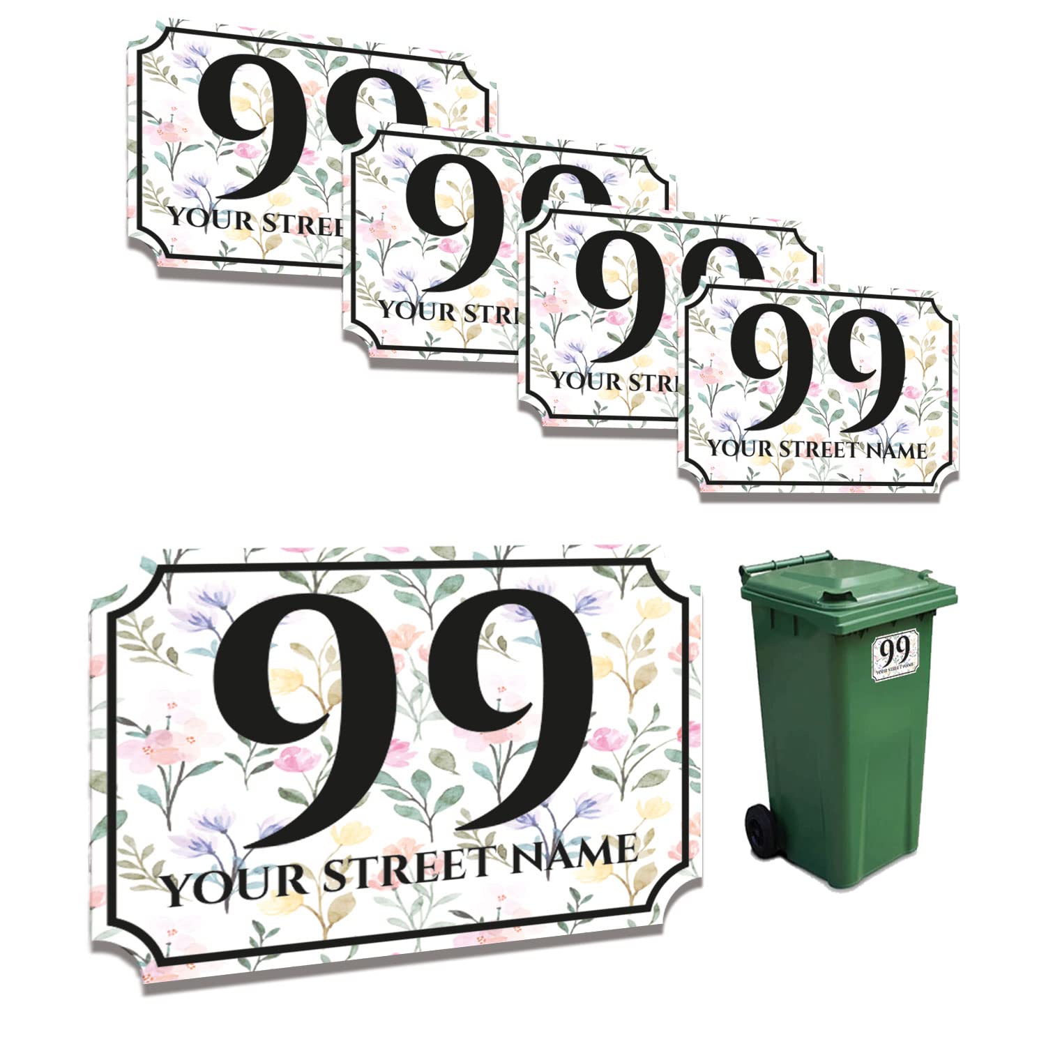 Concept Graphics4x Custom Personalised Floral House Numbers & Street Name Vinyl Decal Stickers for Wheelie Bins