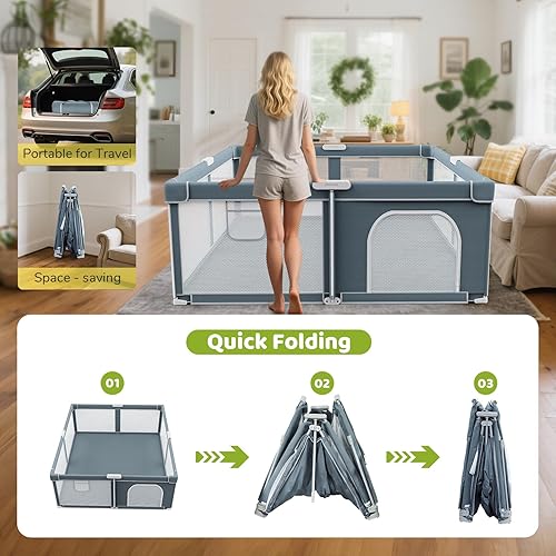 Miniatura 3 de Corralito plegable para bebés, 71 x 79 pulgadas, corralito plegable para bebés y niños pequeños, corralito de viaje para interiores y exteriores,
