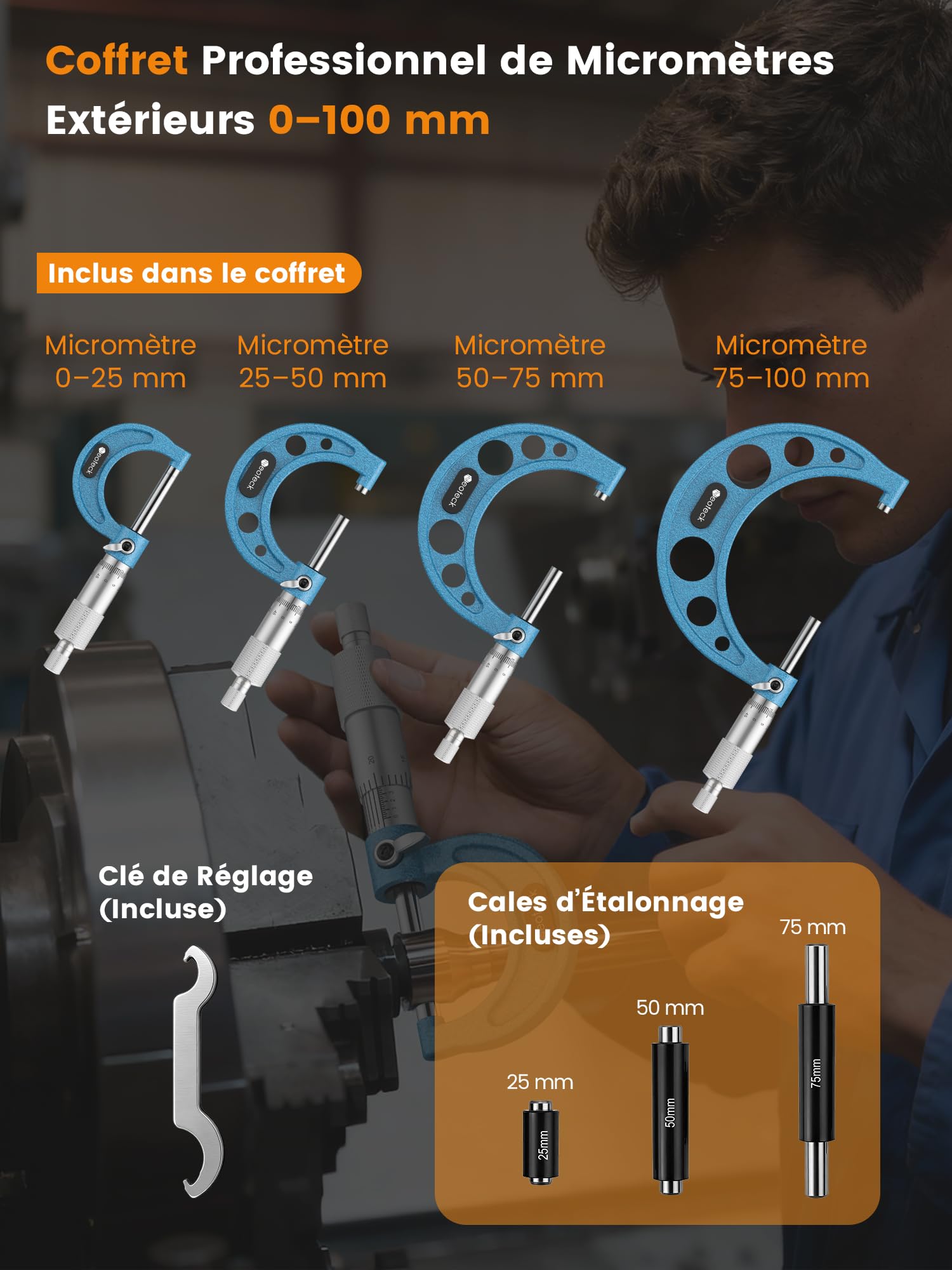 Neoteck Micromètre Extérieur Mécanique 0-100 mm – Kit 4 Pièces 0-25/25-50/50-75/75-100 mm Précision 0,01 mm avec Cliquet, Faces en Carbure, Ét alons 25/50/75 mm – Pour Usinage & Atelier Professionnel