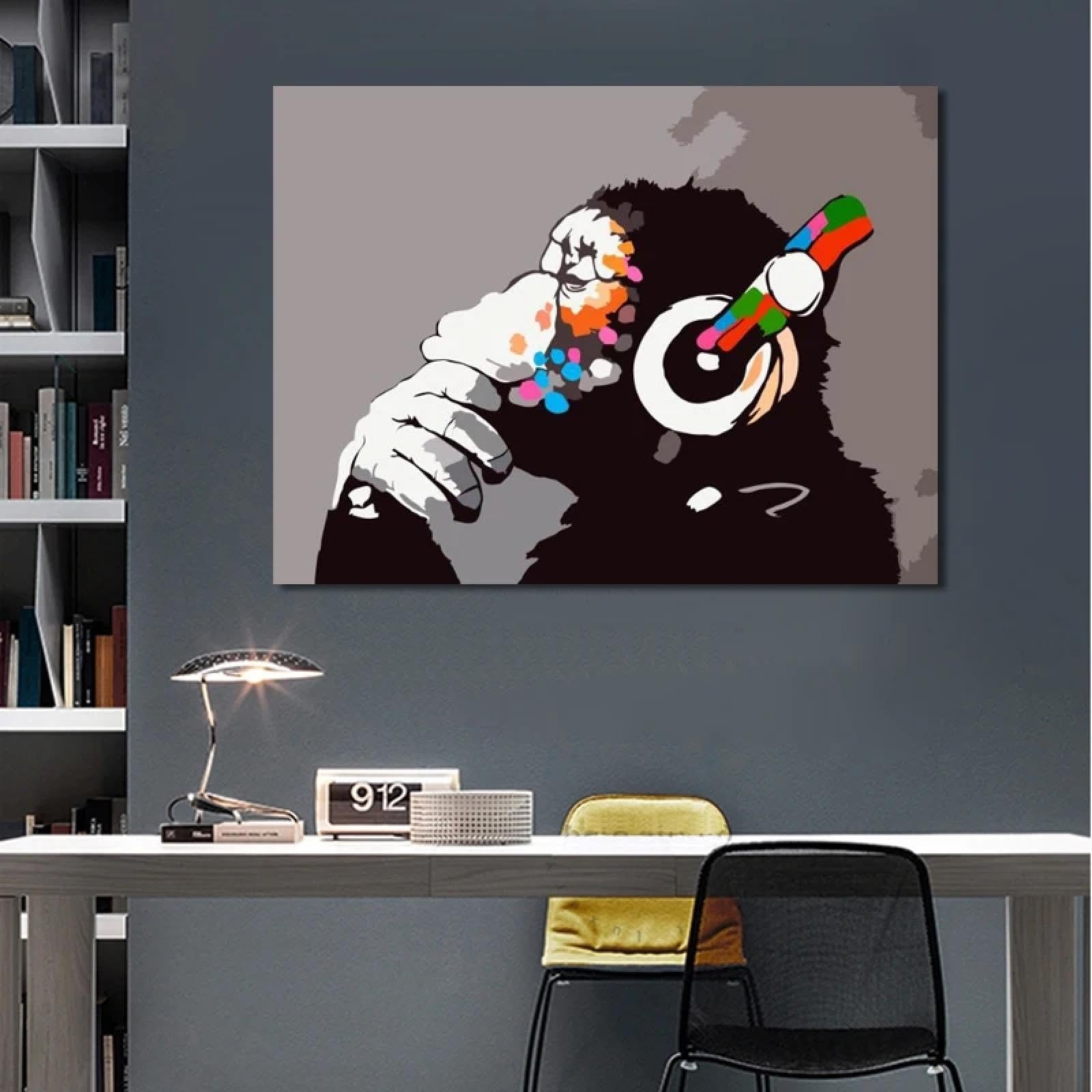 DHHXY Street Art Monkey Listening to Music Bilder Druck auf Leinwand Graffiti-Wandkunst-Poster, Tiergemälde auf Leinwand, Wandbilder, 60 x 85 cm, ohne Rahmen, rahmenlos