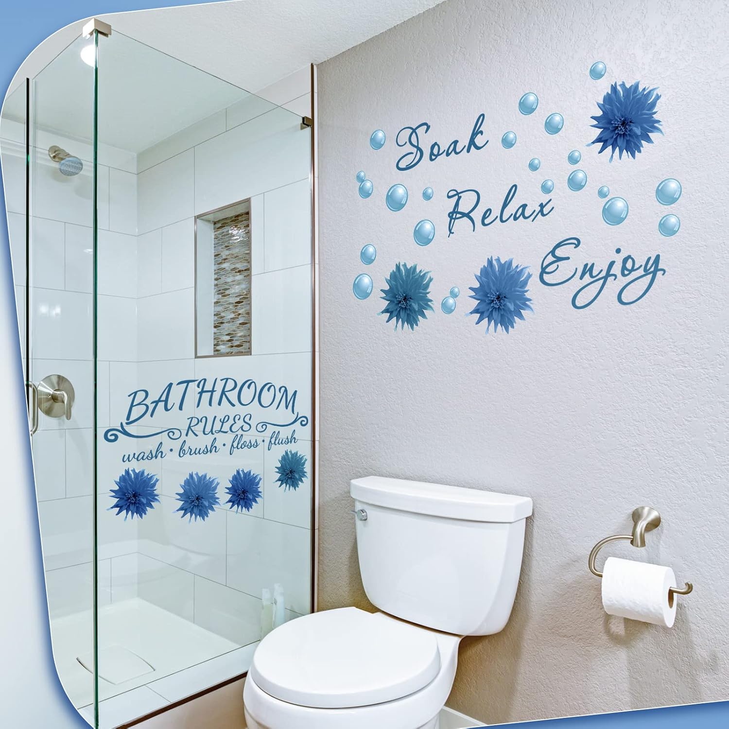 Zonon 2 Pcs Bathroom Stickers for Wall Decals Soak Relax Enjoy Toilet Rules Decor Vinyl Quote Wall Decor for Home(Flower Style, Blue)